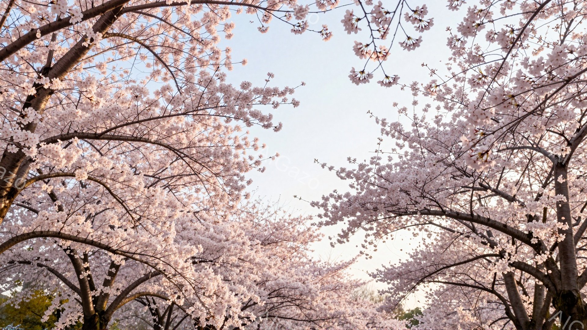 満開の桜の花びらが空を覆い尽くし、まるでトンネルのように美しい風景を作り出しています。桜の淡いピンク色が柔らかい光に照らされ、春の暖かさと穏やかさを感じさせます。背景にはわずかに緑が見え、自然の美しさ - AI生成フリー素材
