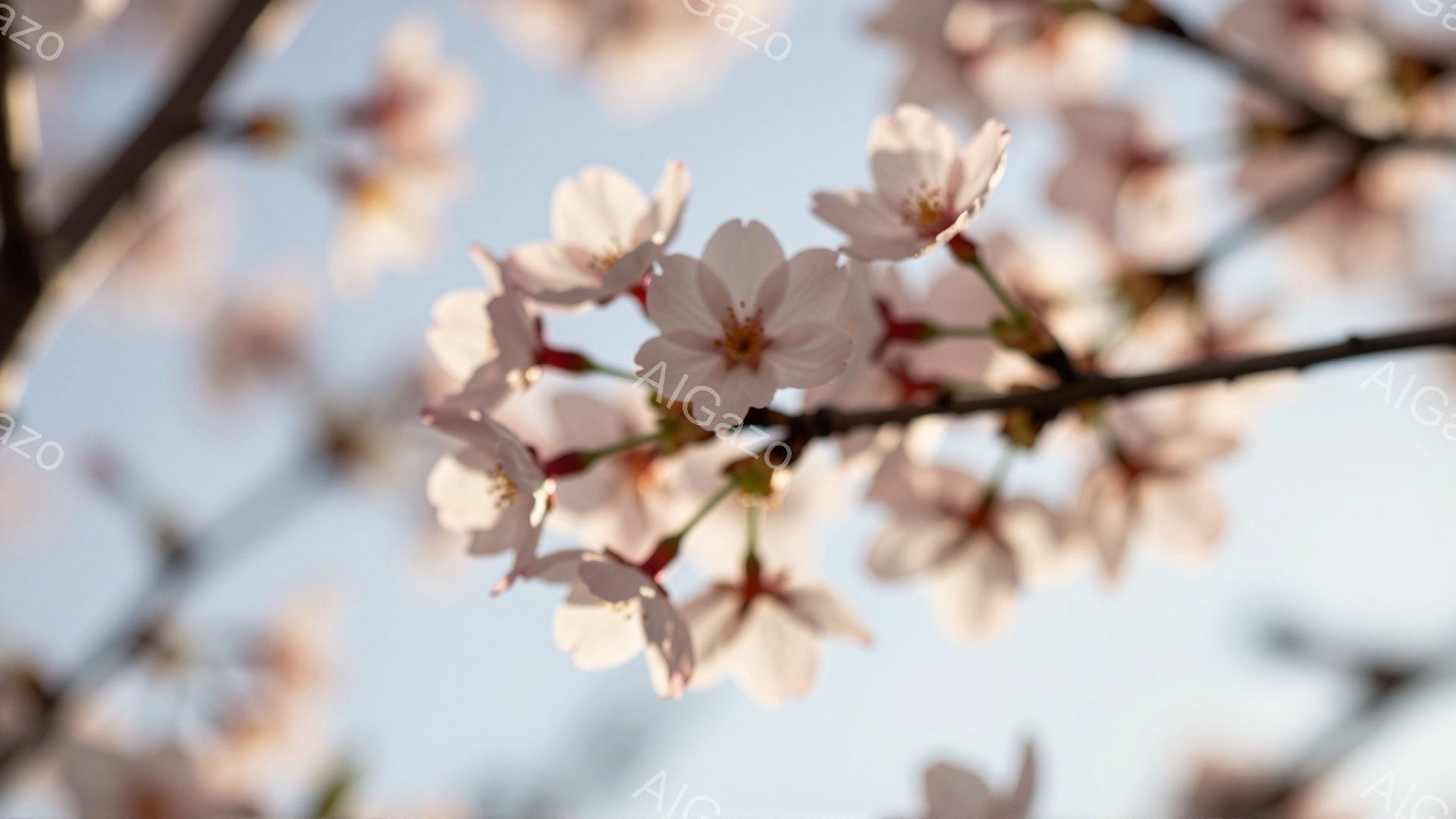 桜の花が咲き誇る枝を、見上げるような構図で捉えた写真です。淡いピンク色の花びらが柔らかい光に照らされ、春の穏やかな空を背景に、優美で幻想的な雰囲気を醸し出しています。ぼやけた背景は、花そのものの美しさ - AI生成フリー素材
