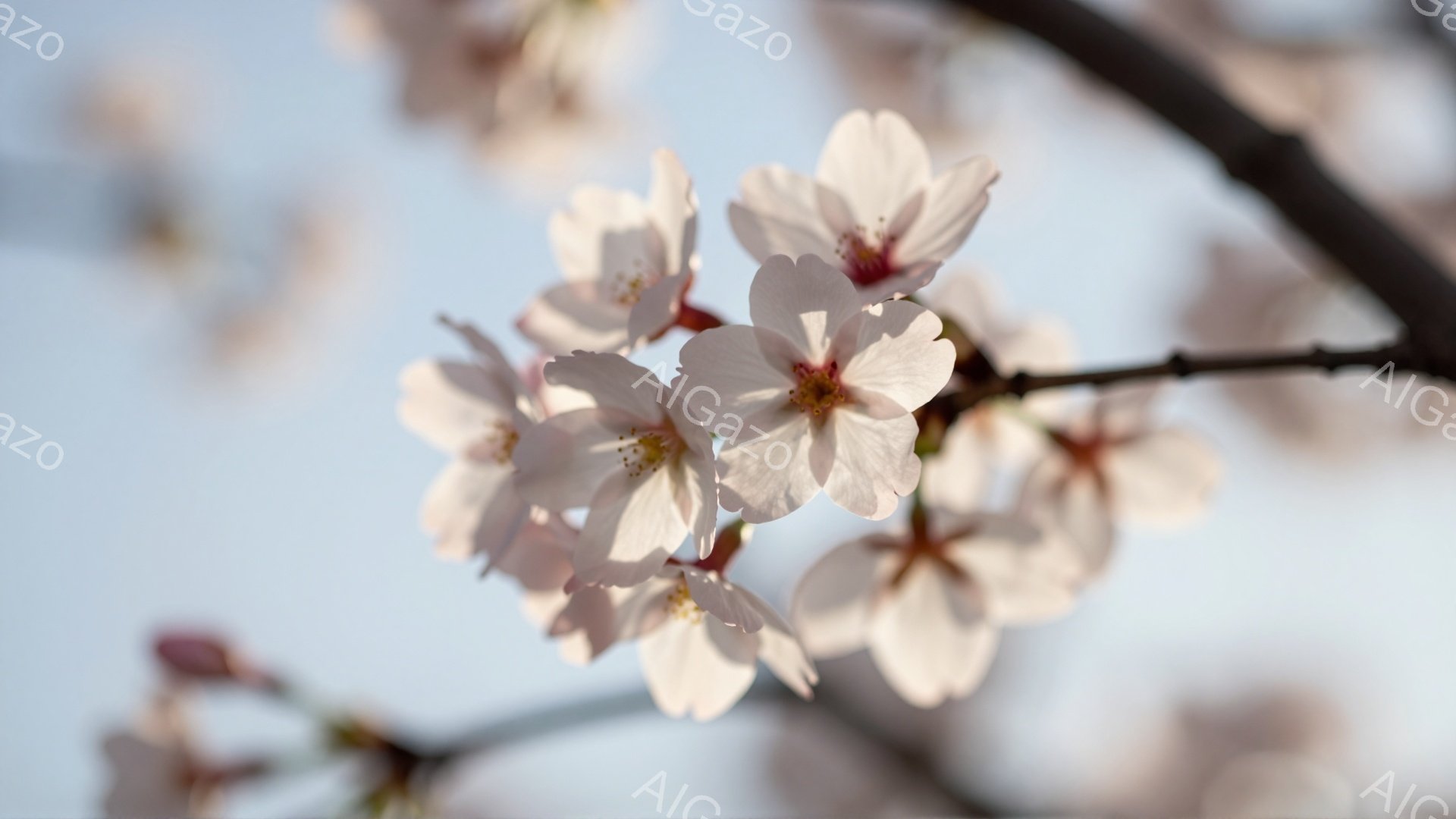 桜の花が咲き誇る、春の風景です。淡いピンク色の花びらが、青空を背景に美しく映えています。枝についた花は、まだ蕾も残っており、これからさらに咲き乱れる様子が期待されます。 - AI生成フリー素材