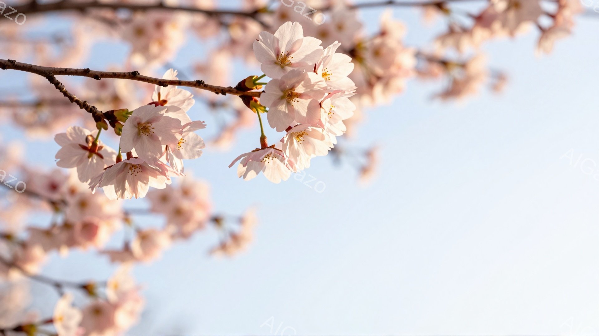 淡いピンク色の桜の花が枝いっぱいに咲き誇り、空を背景に美しく咲き乱れている様子が捉えられている。柔らかい光が花びらを照らし、春の暖かさと優しさを感じさせる穏やかな雰囲気だ。背景には穏やかな青空が広がり - AI生成フリー素材