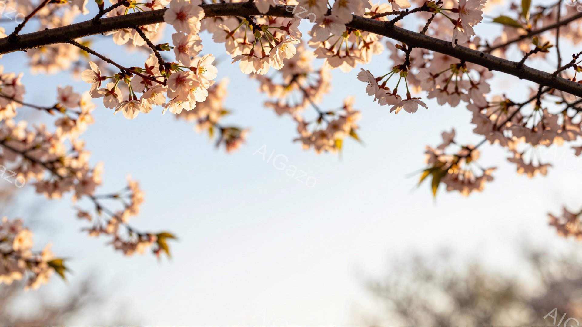 桜の枝が空いっぱいに広がり、淡いピンク色の花びらが春の訪れを感じさせます。背景には薄い空と木々のシルエットが見え、穏やかで優しい雰囲気を醸し出しています。全体的に柔らかい光が差し込み、春の暖かさと美しさを強調しています。