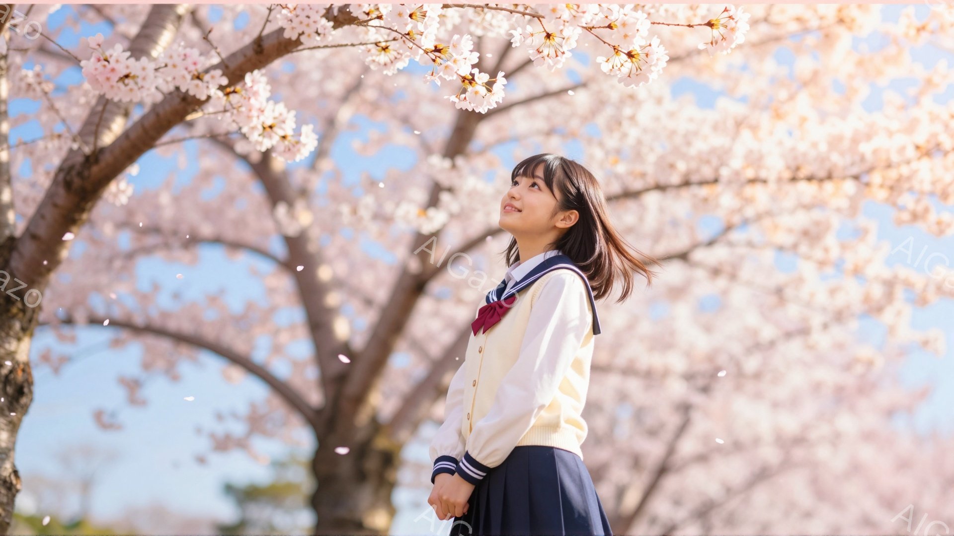 制服姿の少女が、満開の桜並木の道を歩いている。彼女はセーラー服に身を包み、茶色の髪を肩のあたりで切り揃え、空を見上げ微笑んでいる。背景には桜の花びらが舞い、春の暖かく優しい雰囲気が漂っている。 - AI生成フリー素材