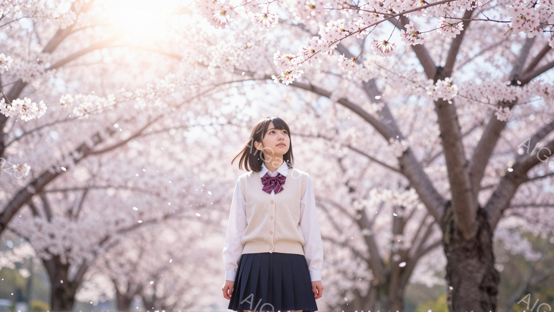明るいピンク色の桜の花びらが舞う中、制服を着た若い女性が立っています。彼女は白いシャツにベージュのベスト、濃い紺色のプリーツスカート、そしてリボンをつけており、髪は肩までの長さでストレートです。彼女は少し上を見上げ、穏やかで希望に満ちた表情をしています。