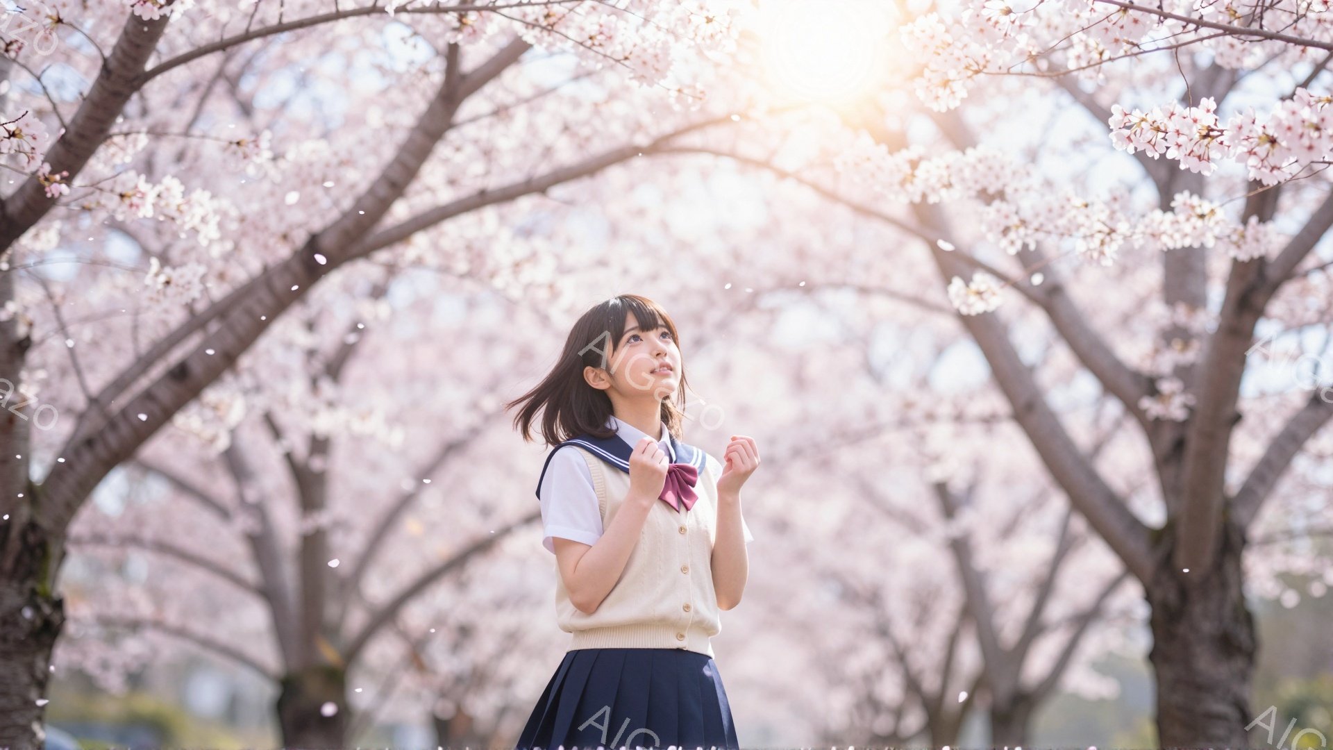 画像には、桜並木の下に立つ女子高生が描かれています。彼女はセーラー服を着ており、髪を軽く巻いた短いヘアスタイルです。顔は少し上向きで、希望に満ちた優しい表情を浮かべており、両手を少し前に出して何かを見 - AI生成フリー素材