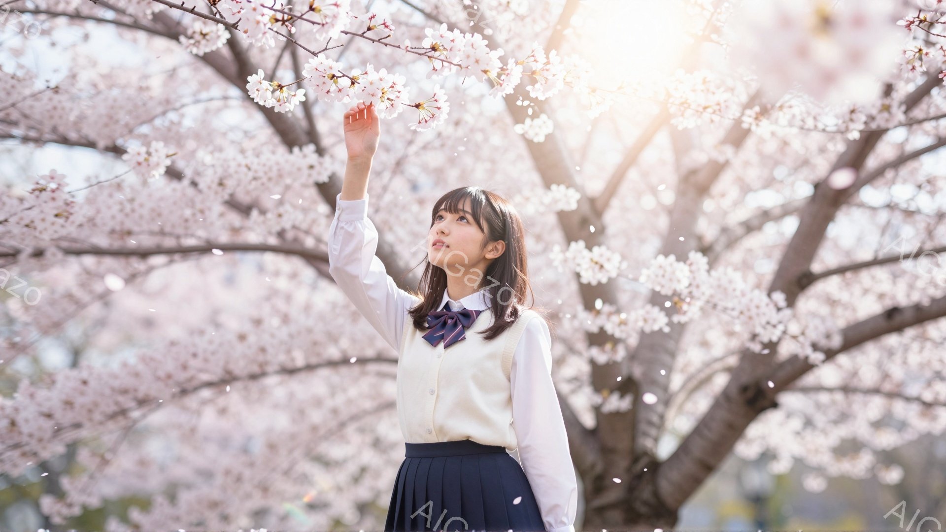 桜の木のそばに立つ女子高生は、制服姿で空を見上げている。彼女は白いシャツにベージュのベスト、紺色のスカート、そしてリボンネクタイを身に着けており、長い黒髪はストレートで肩にかかっている。背景には、満開の桜の花が咲き誇り、光が差し込み、春の穏やかで希望に満ちた雰囲気を醸し出している。