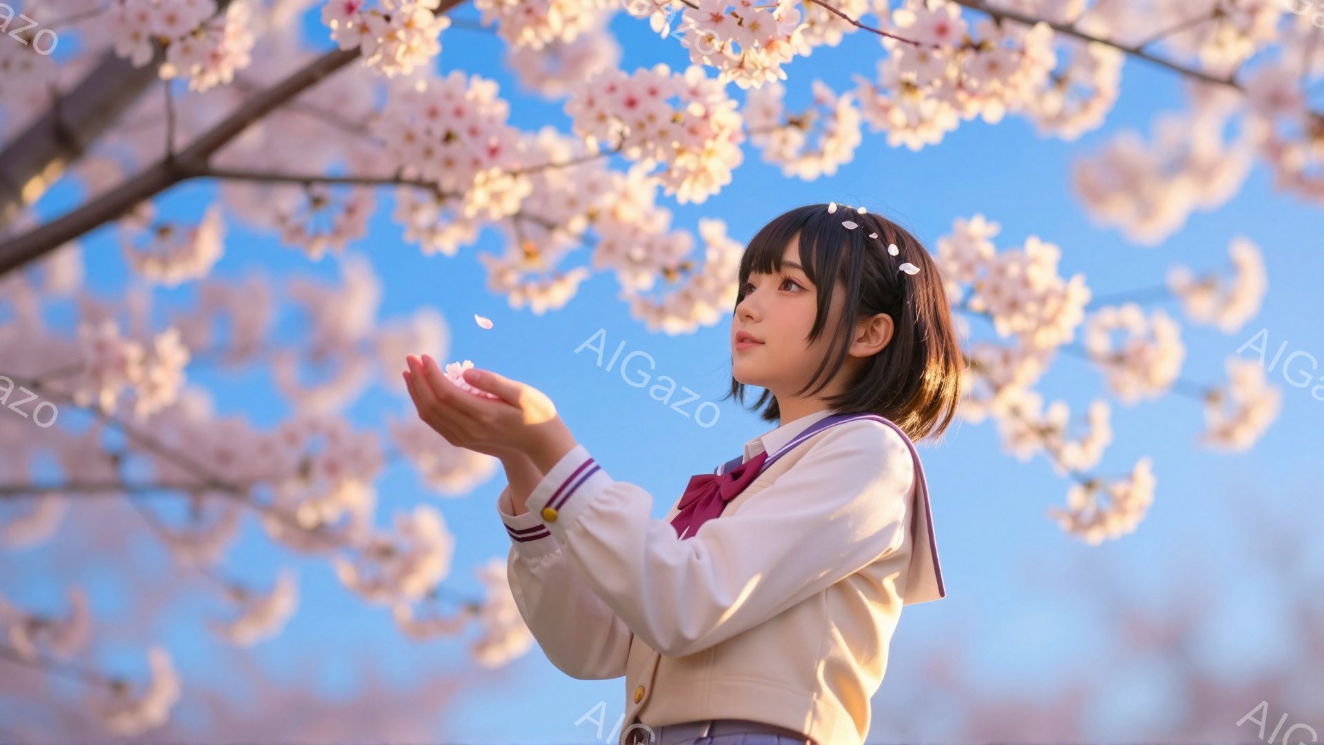 少女は桜の花びらが舞う中で、両手を広げ何かを受け止めているようなポーズをとっています。紺色のリボンと白のラインが入ったセーラー服を着ており、髪は肩までの長さで前髪を少し流したスタイルです。背景には満開の桜並木が広がり、青空と桜のコントラストが春らしい穏やかな雰囲気を醸し出しています。