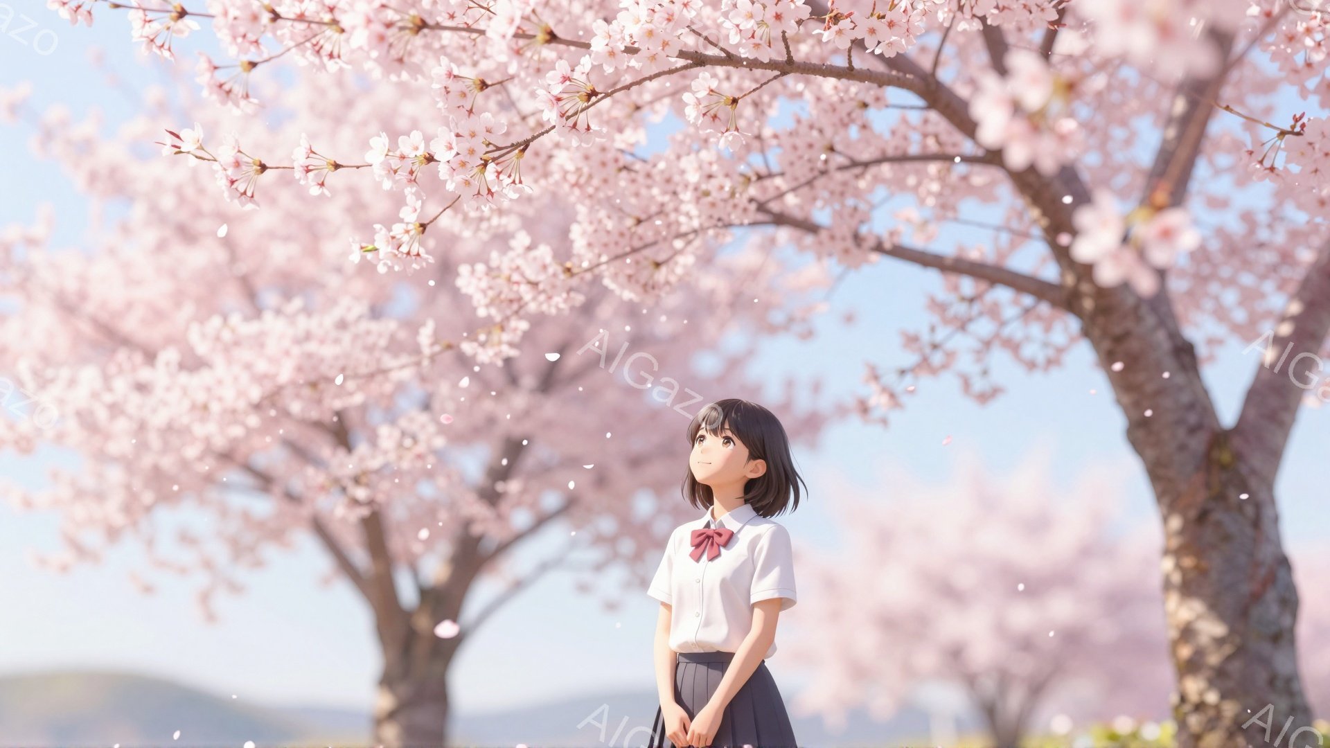 短い黒髪の少女が、白いブラウスとリボン付きのネクタイ、紺色のスカートという制服を着ています。彼女は少し上を見上げ、穏やかで希望に満ちた表情をしています。背景には、満開の桜並木が広がり、柔らかな光が降り - AI生成フリー素材