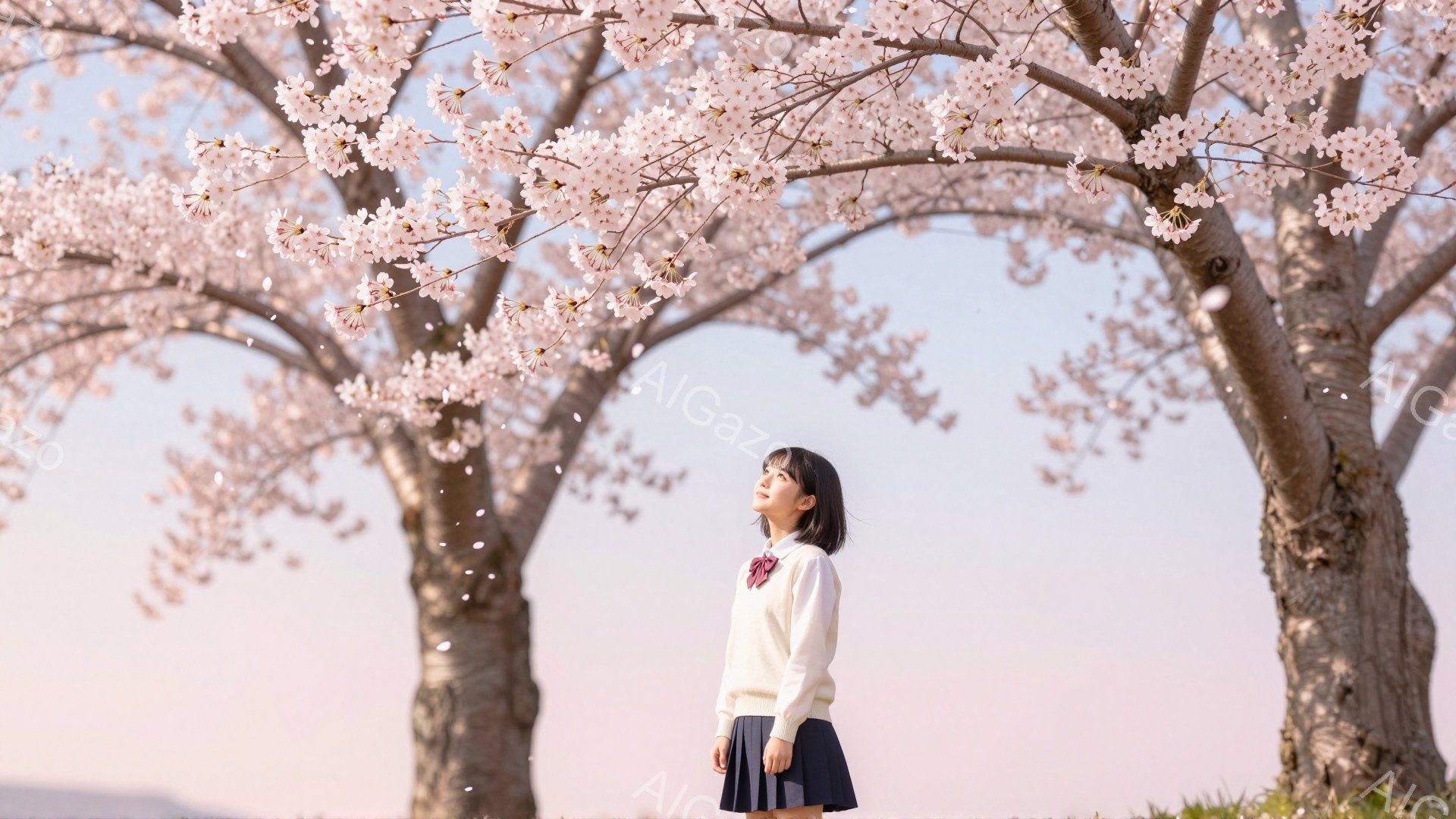 画像には、桜の木の下に立つ女子高生が写っています。彼女は白いセーターにネクタイ、紺色のスカートを着用し、黒髪のショートボブで、少し上目線で何かを見つめています。背景には桜並木が広がり、空は淡いピンク色に染まっており、春の穏やかな雰囲気が漂っています。