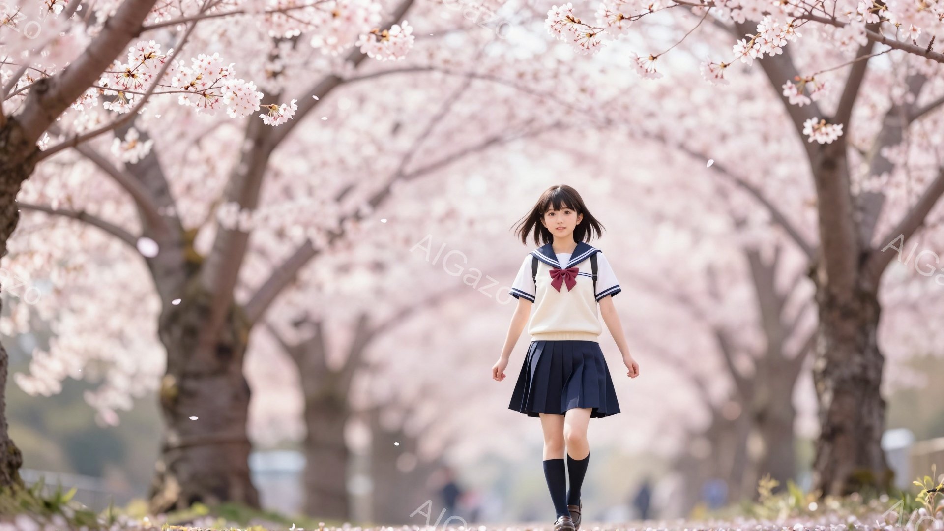 画像には、桜並木の中を歩く女子高生が写っています。彼女はセーラー服を着て、黒いニーハイソックスと革靴を履いています。桜の花びらが舞い散る中、少し微笑みながら前を見据え、春の訪れを感じさせる穏やかな雰囲 - AI生成フリー素材