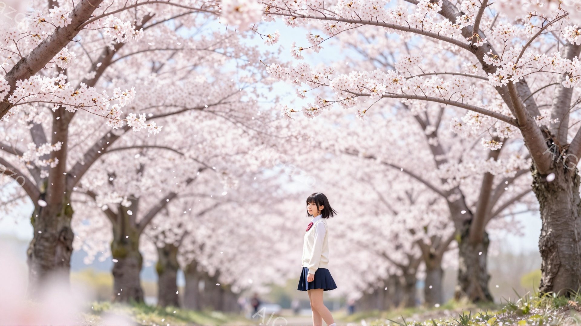 短い黒髪の少女が、白いセーターと紺色のスカートを着て立っている。彼女は少し微笑んでおり、桜並木の道を横向きに歩いているようだ。背景には満開の桜が咲き乱れ、明るい日差しが降り注ぎ、春の穏やかな雰囲気が漂 - AI生成フリー素材