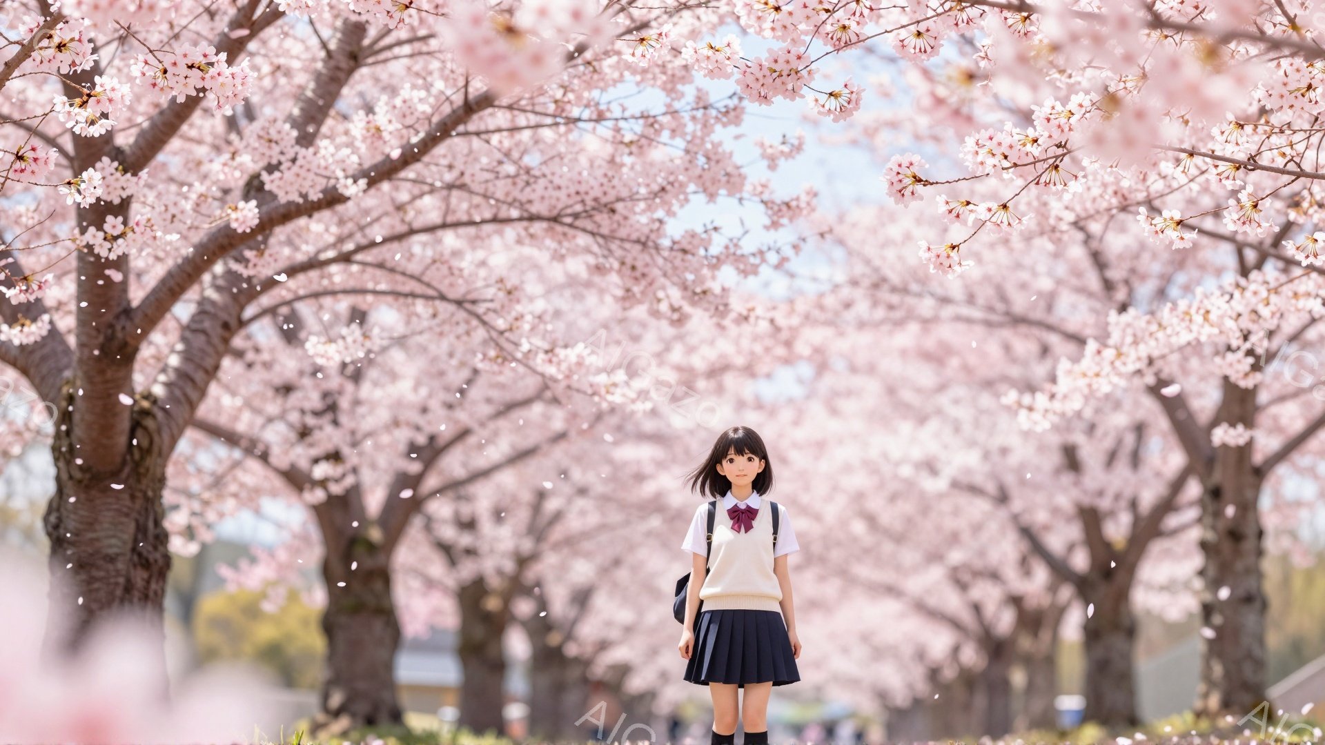 画像には、桜並木の中を歩く女子高生が写っています。彼女は制服姿で、茶色のショートヘア、リボンをつけた髪型で、やや緊張した表情をしています。背景は満開の桜並木で、花びらが舞い散り、春の穏やかな雰囲気を醸 - AI生成フリー素材