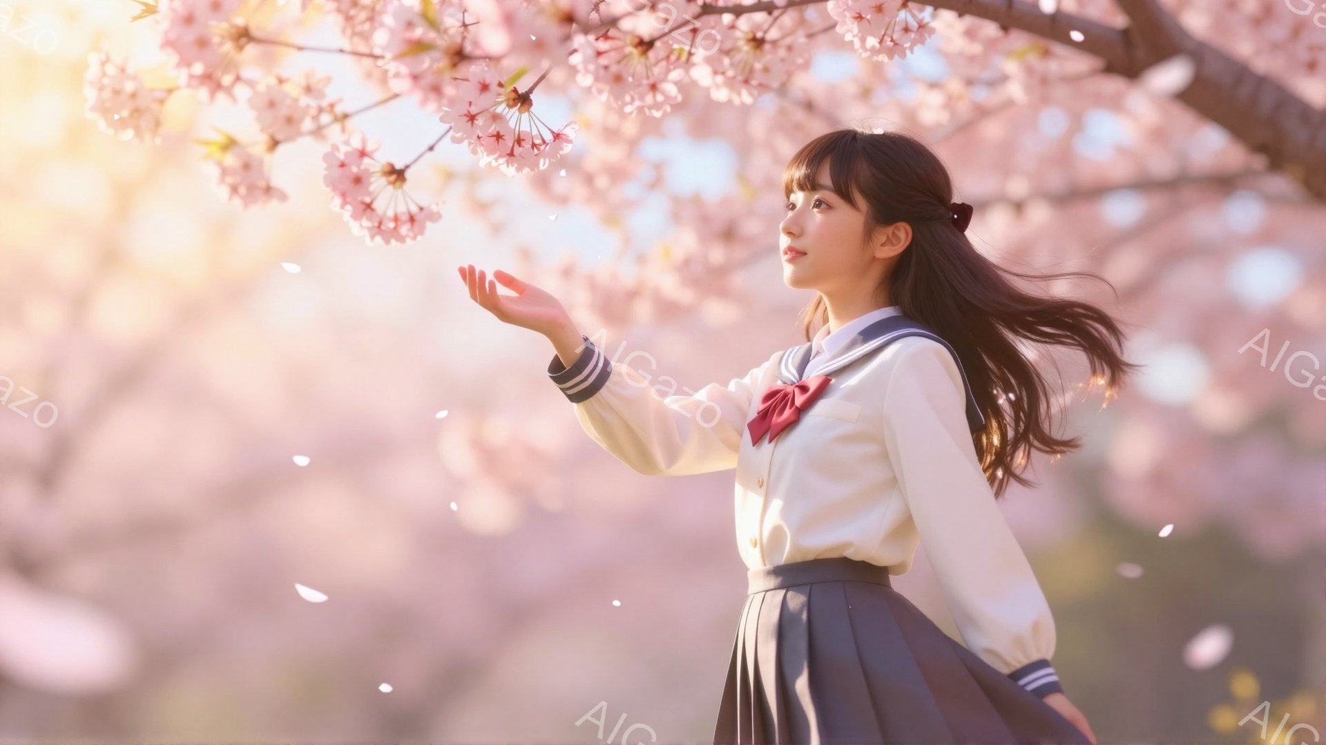 少女は桜の花びらが舞う中で、紺色のセーラー服を着て立っている。彼女は黒いストレートヘアで、少し微笑んでおり、片手を伸ばして花びらを優しく捉えようとしている。背景は桜の木々で満たされ、柔らかい光に包まれ、春の暖かく穏やかな雰囲気を醸し出している。