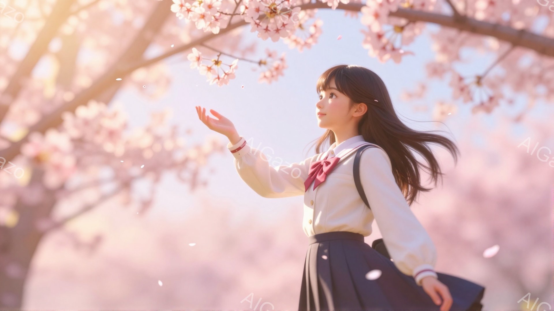 長い黒髪をなびかせ、制服姿の少女が桜の花びらを優雅に受け止めている。彼女は白いシャツにネクタイ、紺色のスカート、そして肩にかけたバッグを身に着け、少し上目遣いで穏やかな表情を浮かべている。背景は満開の - AI生成フリー素材