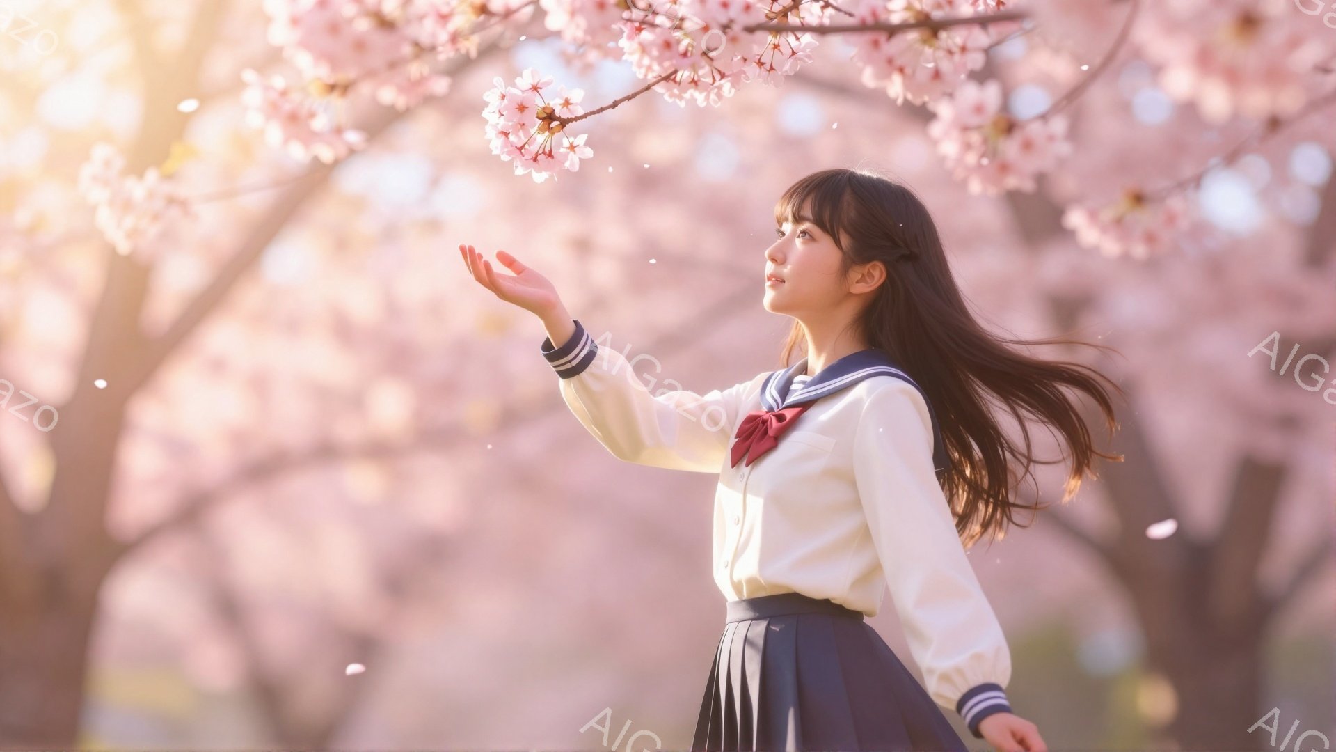 長い黒髪をなびかせ、セーラー服姿の若い女性が、桜の花びらを優しく手のひらに乗せようとしている。彼女は少し上を見上げて微笑んでおり、背景には桜並木がぼんやりと広がり、春の暖かく穏やかな雰囲気を醸し出して - AI生成フリー素材