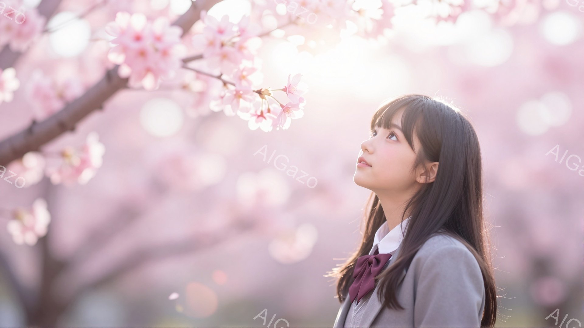 少女は、薄いピンク色の桜の花びらが舞う中で、空を見上げています。彼女はグレーのブレザーに白いシャツ、赤いネクタイを着用し、少しカールした黒髪が肩にかかっています。背景は桜並木で、光が差し込み、春の暖かく穏やかな雰囲気を醸し出しています。