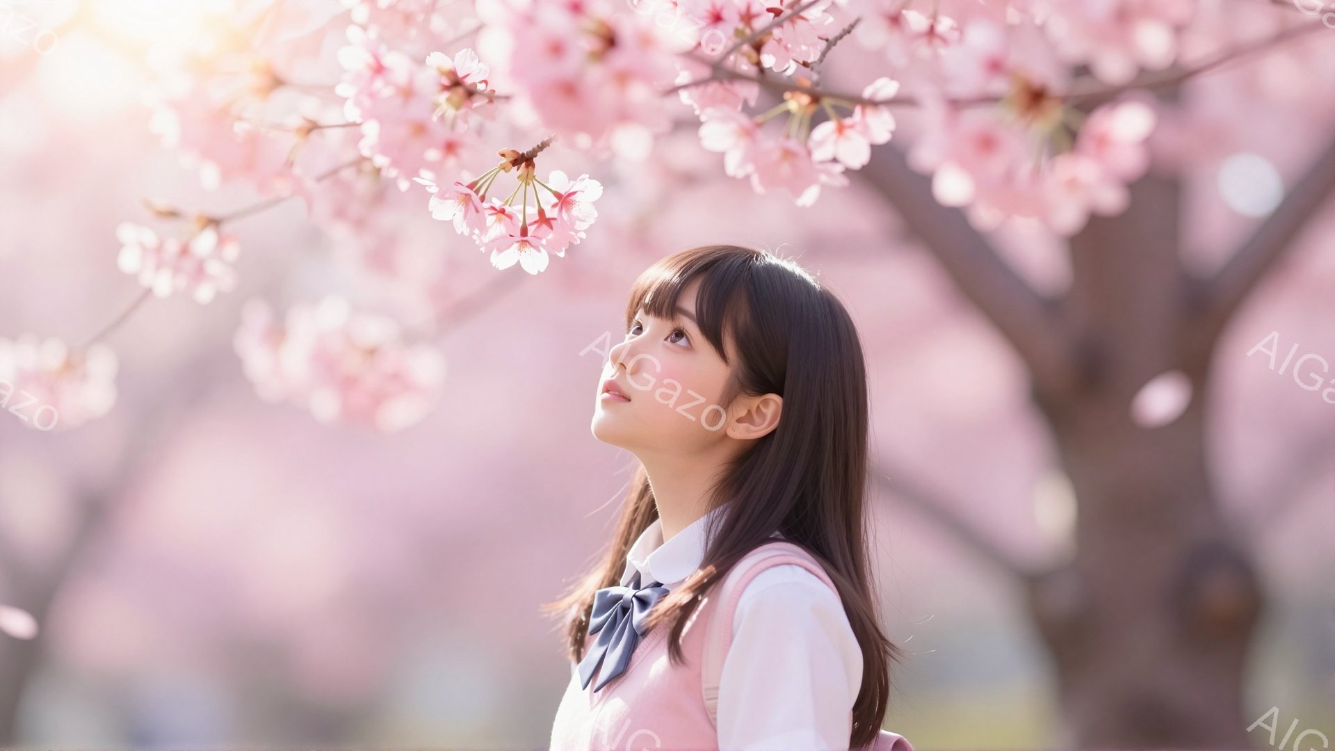 少女は桜並木の見える屋外で、空を見上げています。彼女は白いシャツにピンク色のベスト、そしてネクタイを着用しており、肩にリュックサックを背負っています。柔らかな光と桜の花びらが、春の穏やかで優しい雰囲気を醸し出しています。