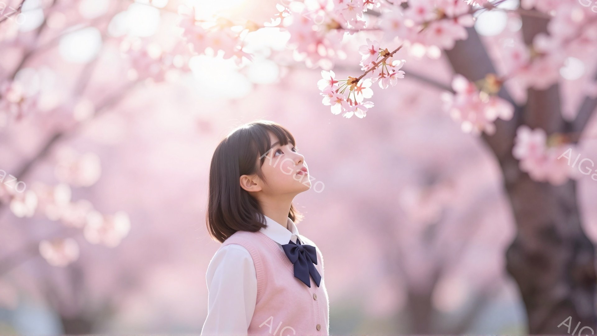 短い茶色の髪をした若い女性が、ピンク色の桜並木の下で上を見ている。彼女は白いシャツにピンクのベスト、そして濃い青色のリボンを身につけており、どこか物憂げな表情をしている。背景は桜の花びらで完全に覆われ、柔らかく暖かい春の雰囲気を醸し出している。