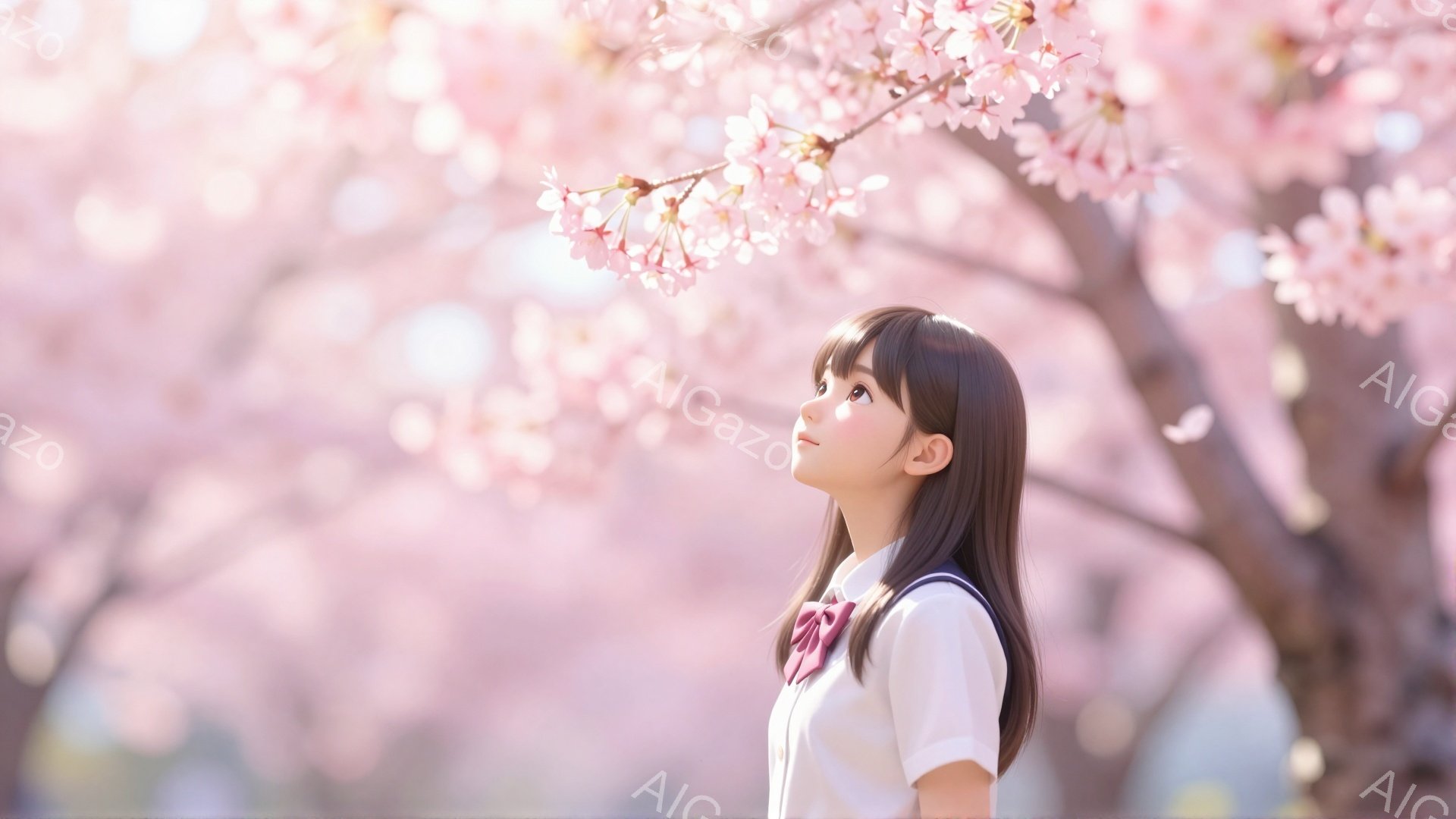 若い女性が桜並木の下で上を見ている。彼女は白いブラウスと赤いリボン付きのネクタイ、そして学生服のような服装をしている。彼女の髪は肩まで伸びており、少しサイドに分けられている。 - AI生成フリー素材