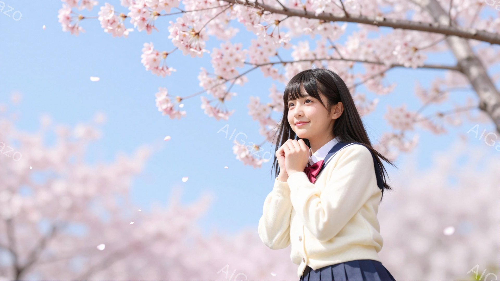 長い黒髪をセンターパートにした若い女性が、クリーム色のカーディガンと紺色のスカートの制服を着て立っています。彼女は両手を顎の下に当て、少し微笑み、空を見上げています。背景には、満開の桜並木が広がり、青 - AI生成フリー素材