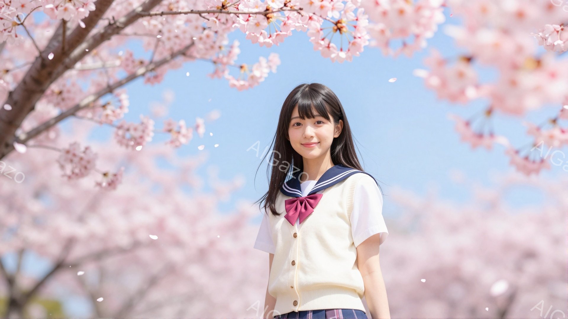 明るい笑顔を浮かべた少女が、桜並木の間に立っている。紺色のリボンとセーターベスト、白のブラウス、チェックのスカートという制服を着ており、黒髪のロングヘアを肩のあたりで切り揃えている。背景は満開の桜で、花びらが舞い散り、青空とのコントラストが美しい春の情景が広がっている。