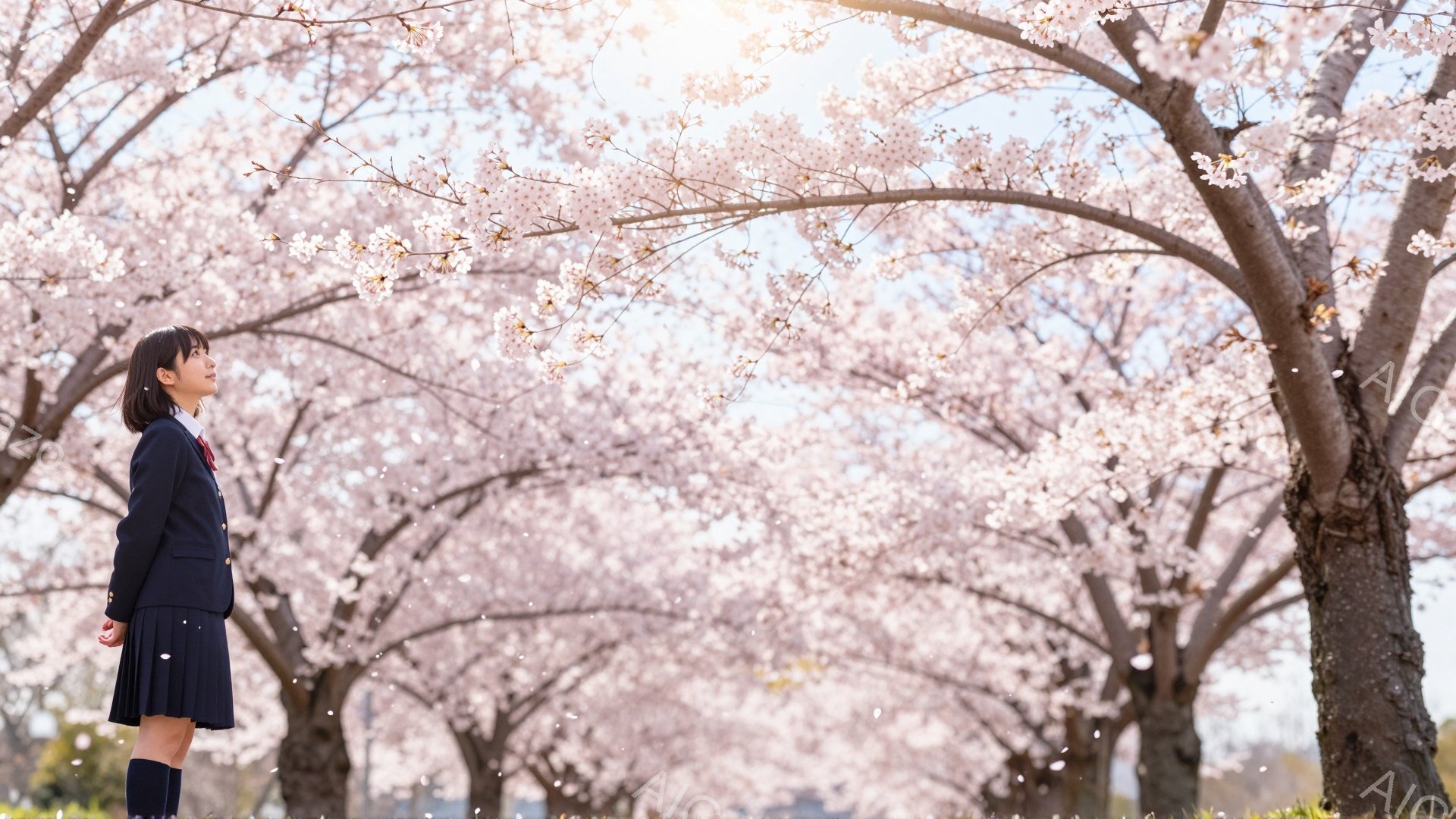 制服を着た女子学生が、満開の桜並木の間に立っている。彼女は黒髪で、前髪を少し横に流したヘアスタイルをしている。彼女の表情は穏やかで、少し遠くを見つめているように見える。
