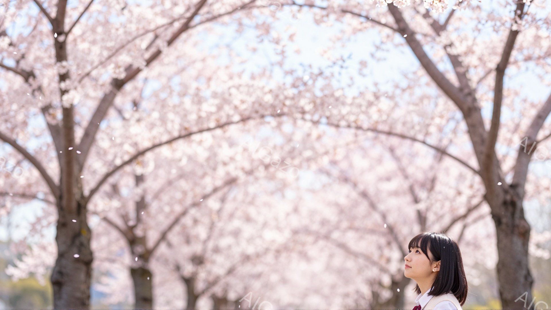 短い黒髪の女性が、桜並木の間に立っている。彼女は制服を着ており、少し上を見上げている。背景には、満開の桜並木が広がり、柔らかな光に包まれて、春の穏やかな雰囲気が漂っている。