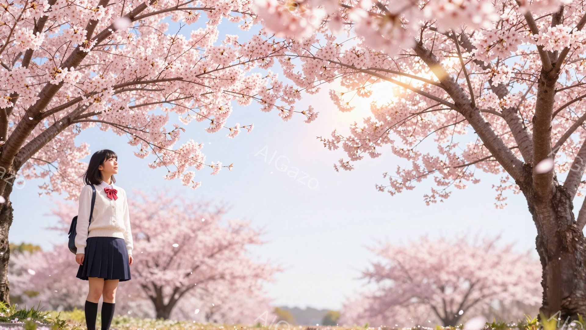 明るい日差しの中、桜並木の下を女子高生が歩いている。紺色のスカートと白いセーラー服、そして黒いニーハイソックスという制服姿で、少し上を見上げ、物思いにふけっている表情をしている。桜の花びらが舞い散り、 - AI生成フリー素材