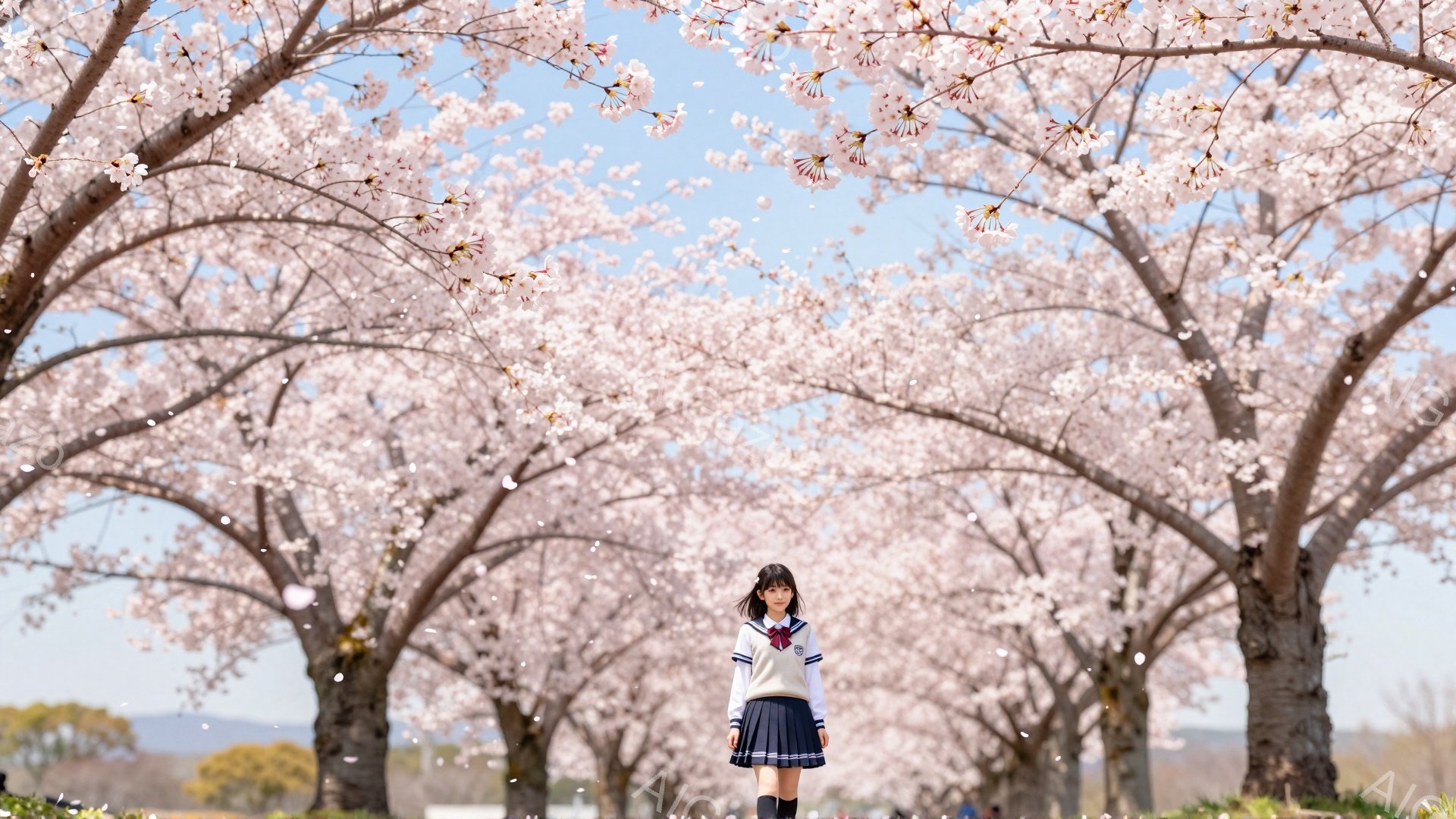 画像には、桜並木の中を歩く女子高生が写っています。紺色のリボンとブレザー、白いシャツ、チェックのスカートという制服を着ており、長い黒髪はストレートで、少し微笑んだ表情をしています。背景には、満開の桜と - AI生成フリー素材