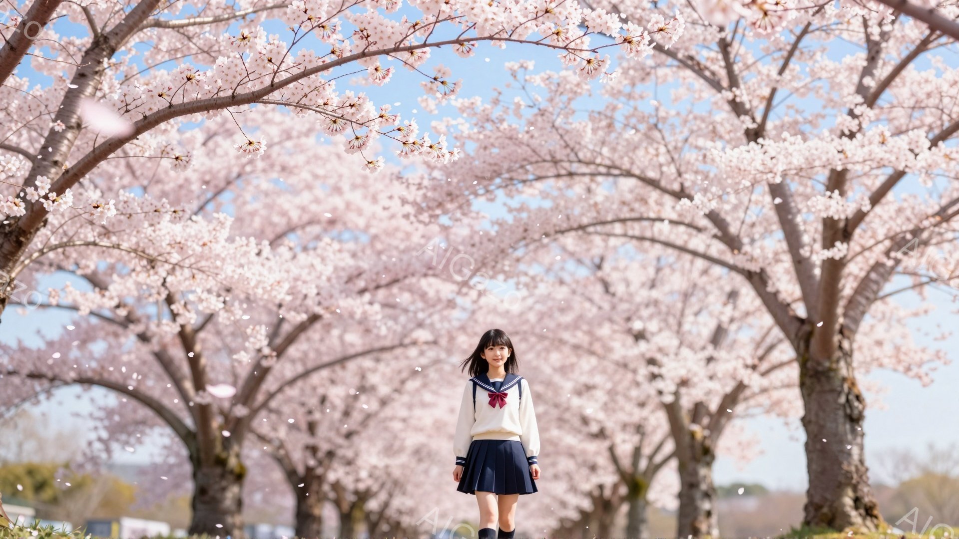 セーラー服を着た若い女性が、満開の桜並木の中を歩いている。彼女は長い黒髪で、少し微笑んでいるように見える。背景はピンク色の桜の花びらが舞い散る美しい並木道で、春の暖かく穏やかな雰囲気が漂っている。 - AI生成フリー素材