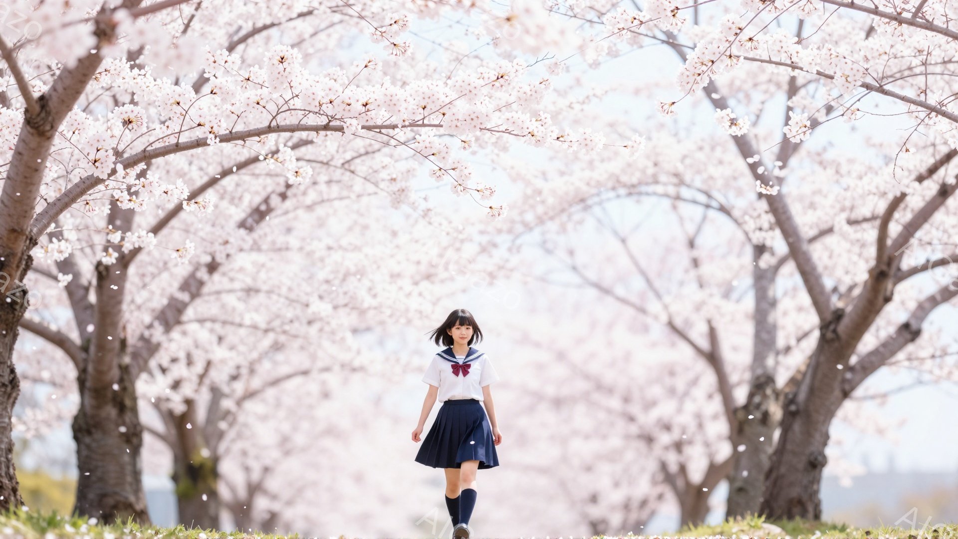 セーラー服を着た若い女性が、満開の桜並木の中を歩いている。彼女は黒髪のボブヘアで、少し微笑んでいるように見える。背景は、ピンク色の桜の花びらが舞い散る美しい景色で、穏やかで春らしい雰囲気が漂っている。