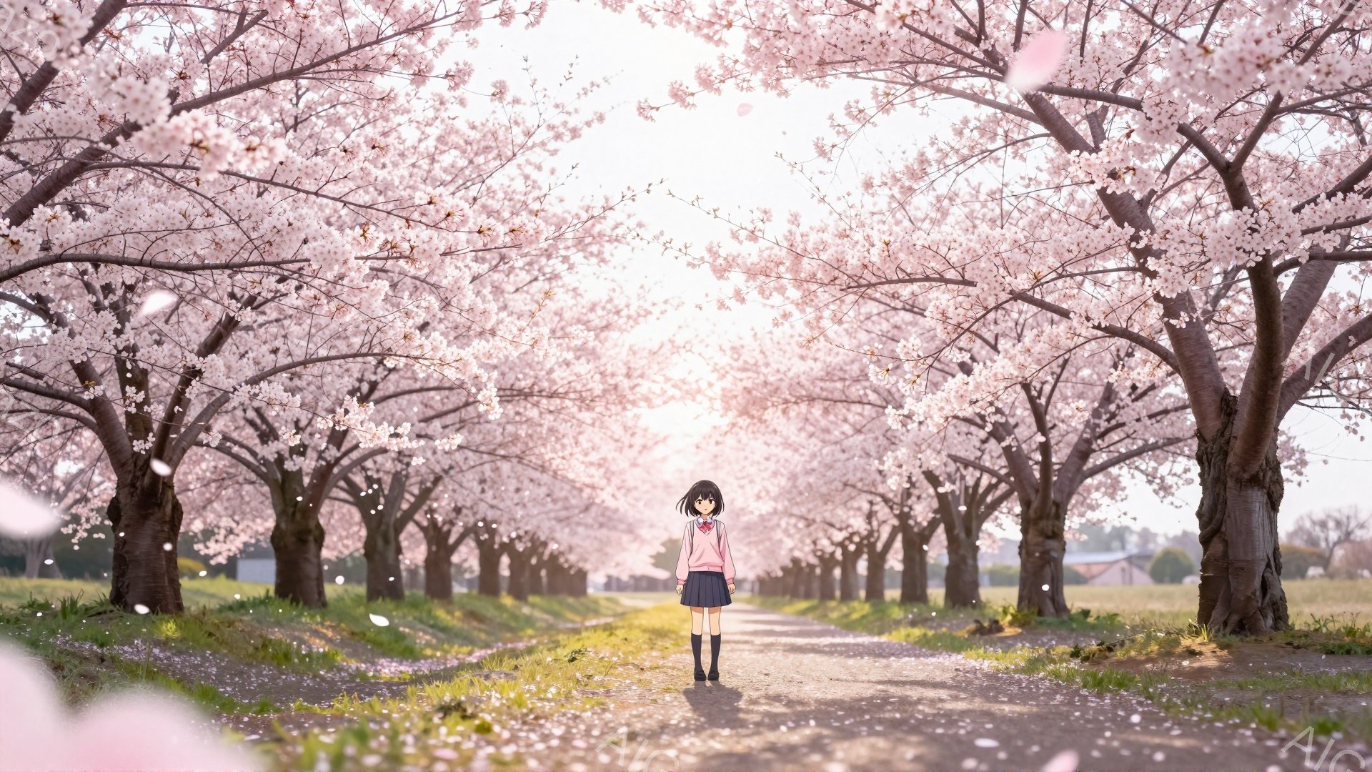 画像には、桜並木の中を歩く少女が描かれています。彼女は紺色の髪を肩まで伸ばし、白いブラウスにピンクのカーディガン、チェック柄のスカート、黒いハイソックスと靴を履いています。桜の花びらが舞い散る、明るく穏やかな春の日であり、背景には緑の草原と遠くの建物が見え、全体的に幻想的で平和な雰囲気が漂っています。