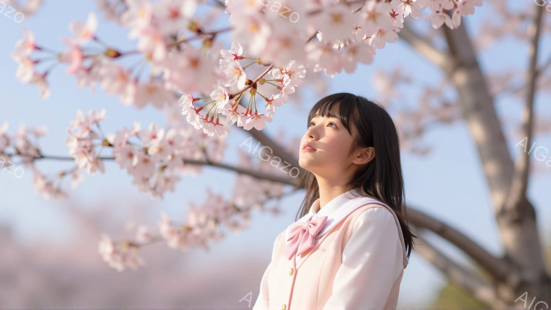 少女は、薄桃色の制服に身を包み、首にリボンを締めています。彼女は顔を上げ、桜の花が咲き誇る桜の木を見上げており、その表情はどこか希望に満ちています。背景には、青空と満開の桜が広がり、春の穏やかで優しい - AI生成フリー素材