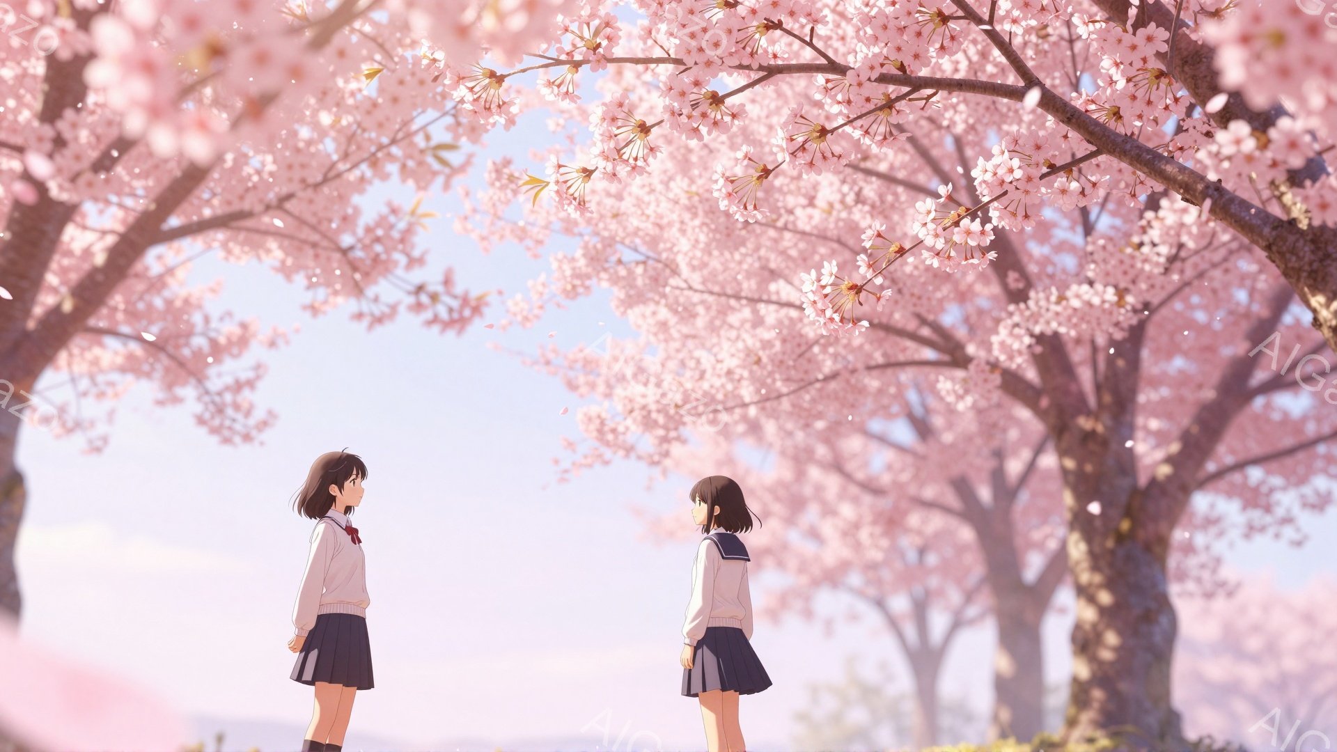 画像には、桜並木の下に立つ二人の若い女性が描かれています。彼女たちは制服を着ており、黒髪のロングヘアで、前髪は目にかかっています。背景には、ピンク色の桜の花びらが舞い散る桜並木が広がり、柔らかな光が差 - AI生成フリー素材