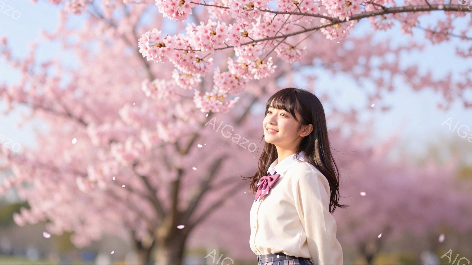 明るい笑顔を浮かべた若い女性が、桜並木の道を歩いている様子が写っている。ベージュ色のシャツにチェックのスカート、そしてリボンがアクセントの制服姿で、黒髪のロングヘアは肩にかかっている。背景には、満開の桜が咲き乱れ、舞い散る花びらが春の暖かな雰囲気を演出している。