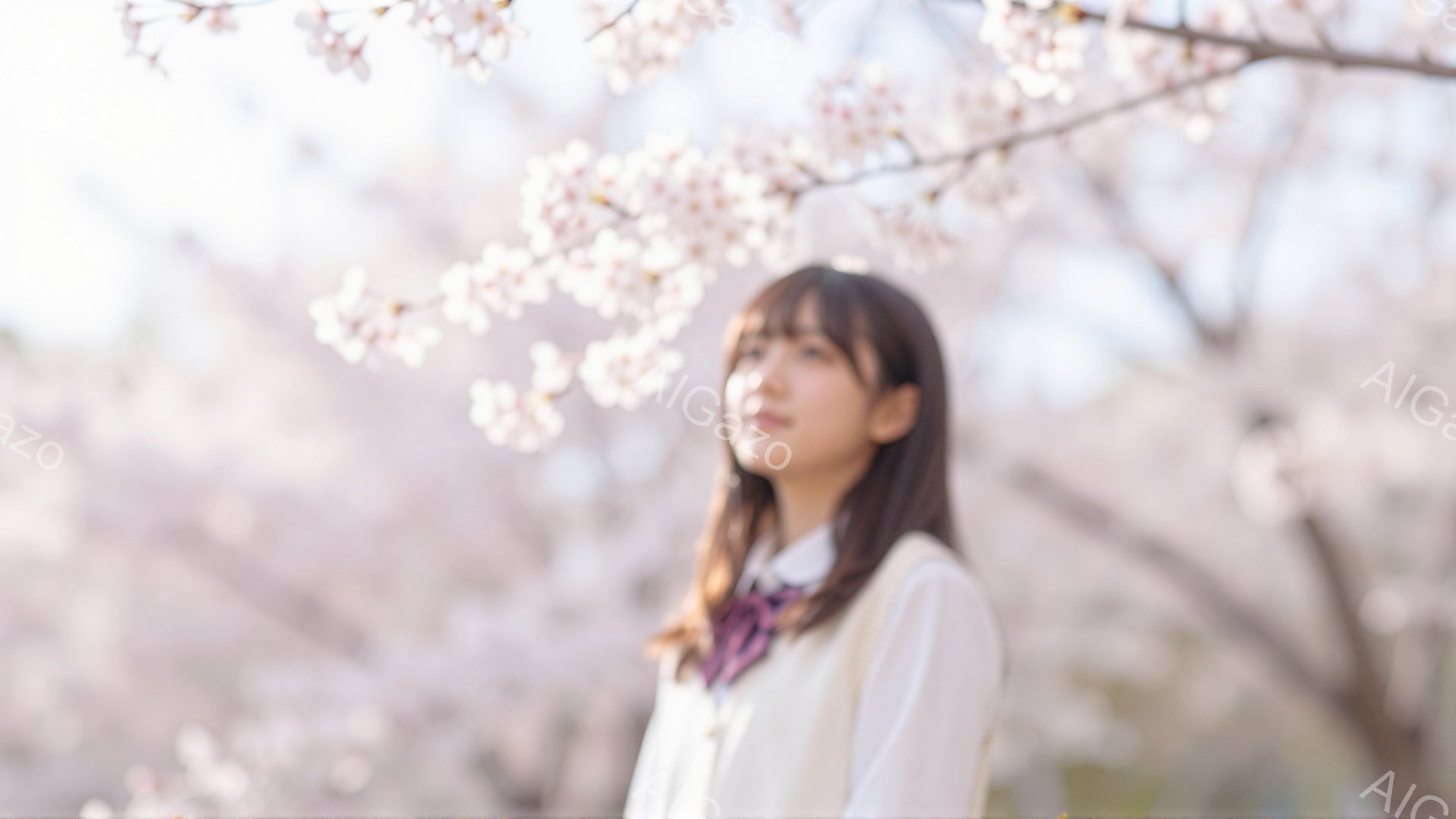 若い女性が桜並木の背景に立っている。彼女は白いシャツにベスト、そして赤いネクタイのような装いをし、長い茶色の髪を肩にかかせて微笑んでいる。背景は桜の花びらで覆われ、春の暖かく穏やかな雰囲気を醸し出している。