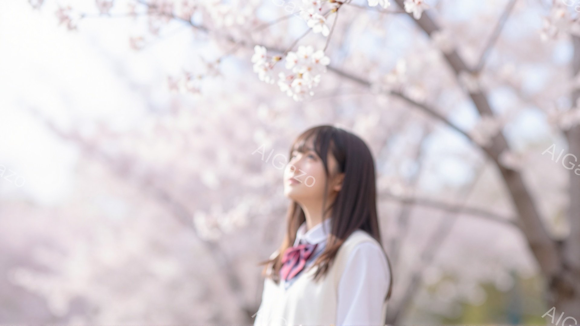 長い茶色の髪を持つ若い女性が、白いシャツとベスト、そして赤い柄のネクタイをつけて立っています。彼女は少し上を見上げており、穏やかで物憂げな表情をしています。背景は桜の花が咲き乱れるぼやけた木々で、春の暖かく穏やかな雰囲気を醸し出しています。