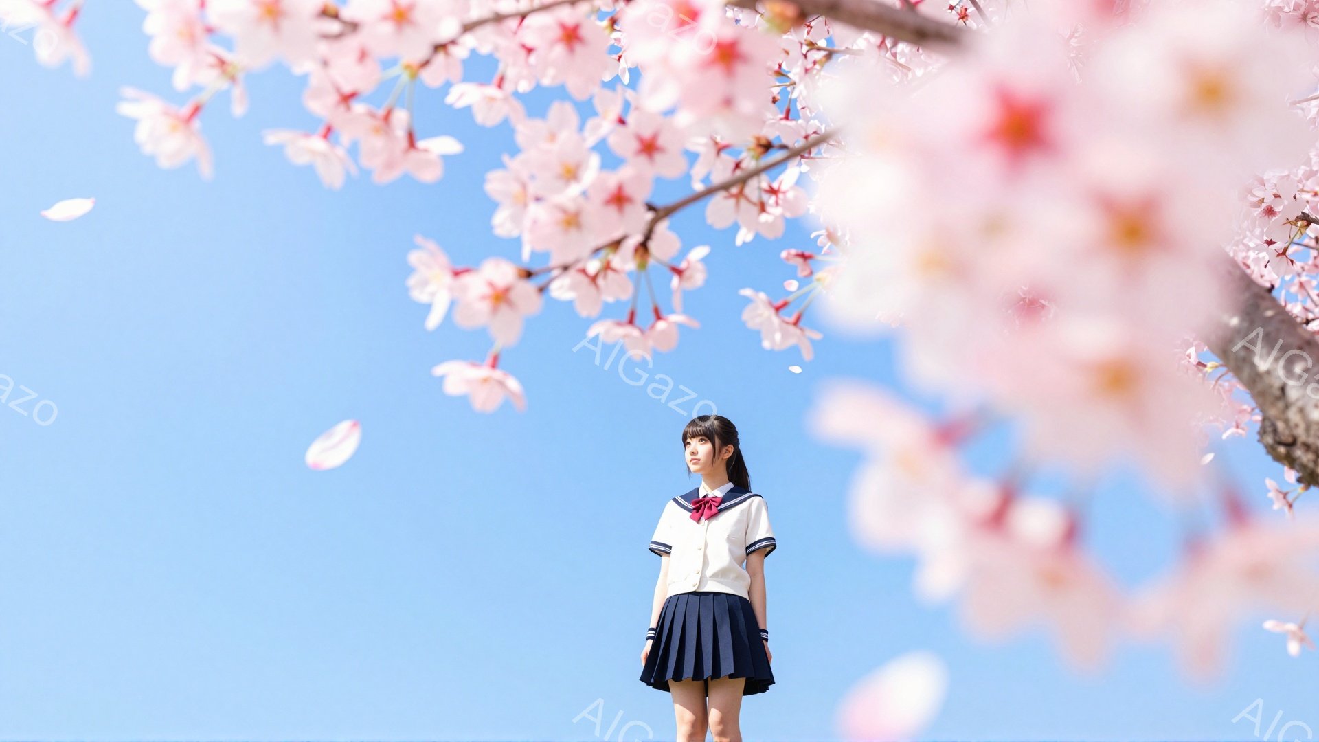 画像には、セーラー服を着た少女が描かれています。彼女は黒髪で、少し上を見ている姿勢で、穏やかな表情をしています。背景は桜の花びらが舞い散る青空で、春の暖かさと希望を感じさせる雰囲気です。