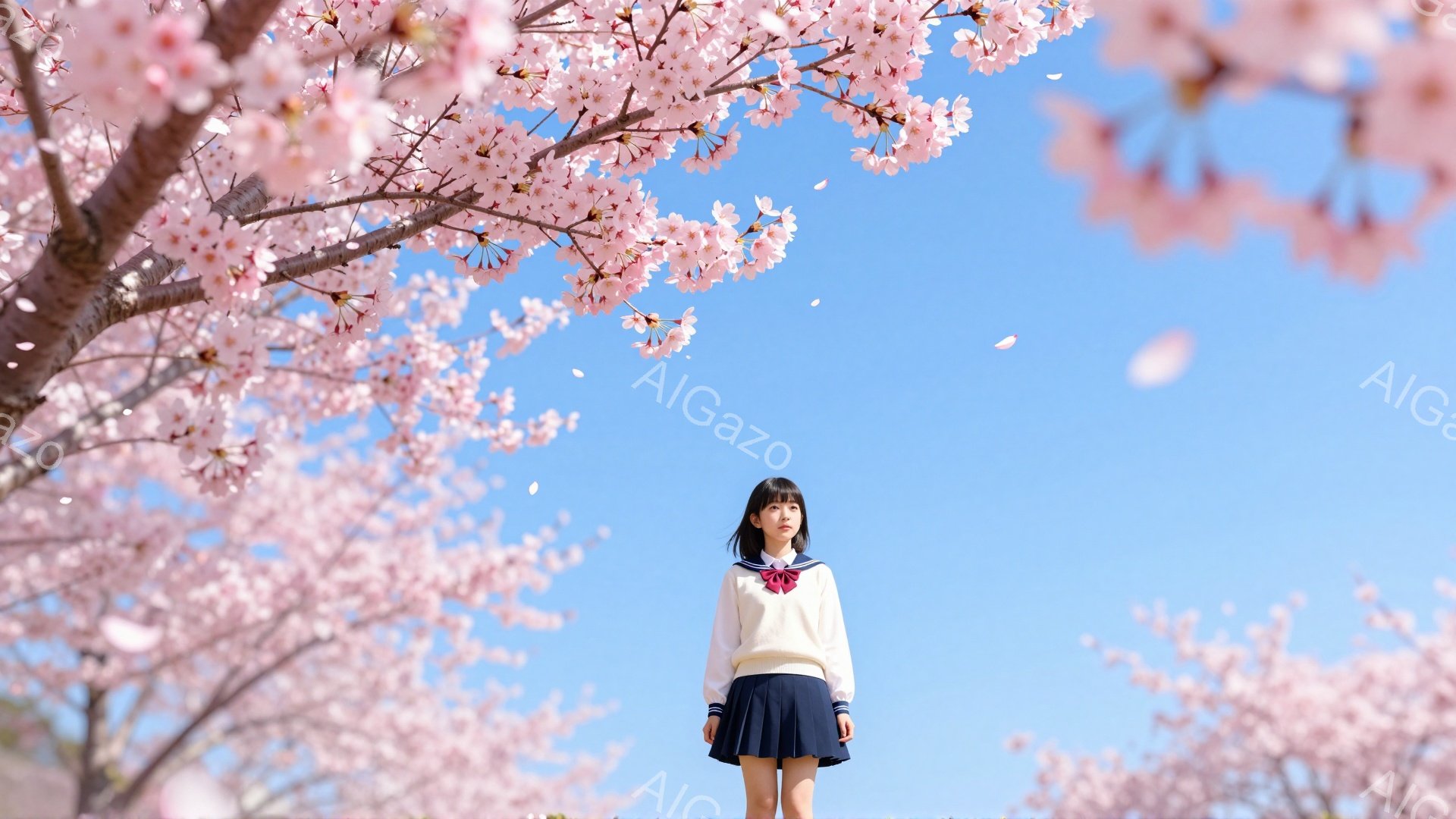 少女はセーラー服を着て、青いスカートを履いています。彼女は黒髪で前髪を下ろしており、少し微笑んでいるように見えます。背景には満開の桜が広がり、青空の下、春の穏やかな雰囲気が漂っています。 - AI生成フリー素材