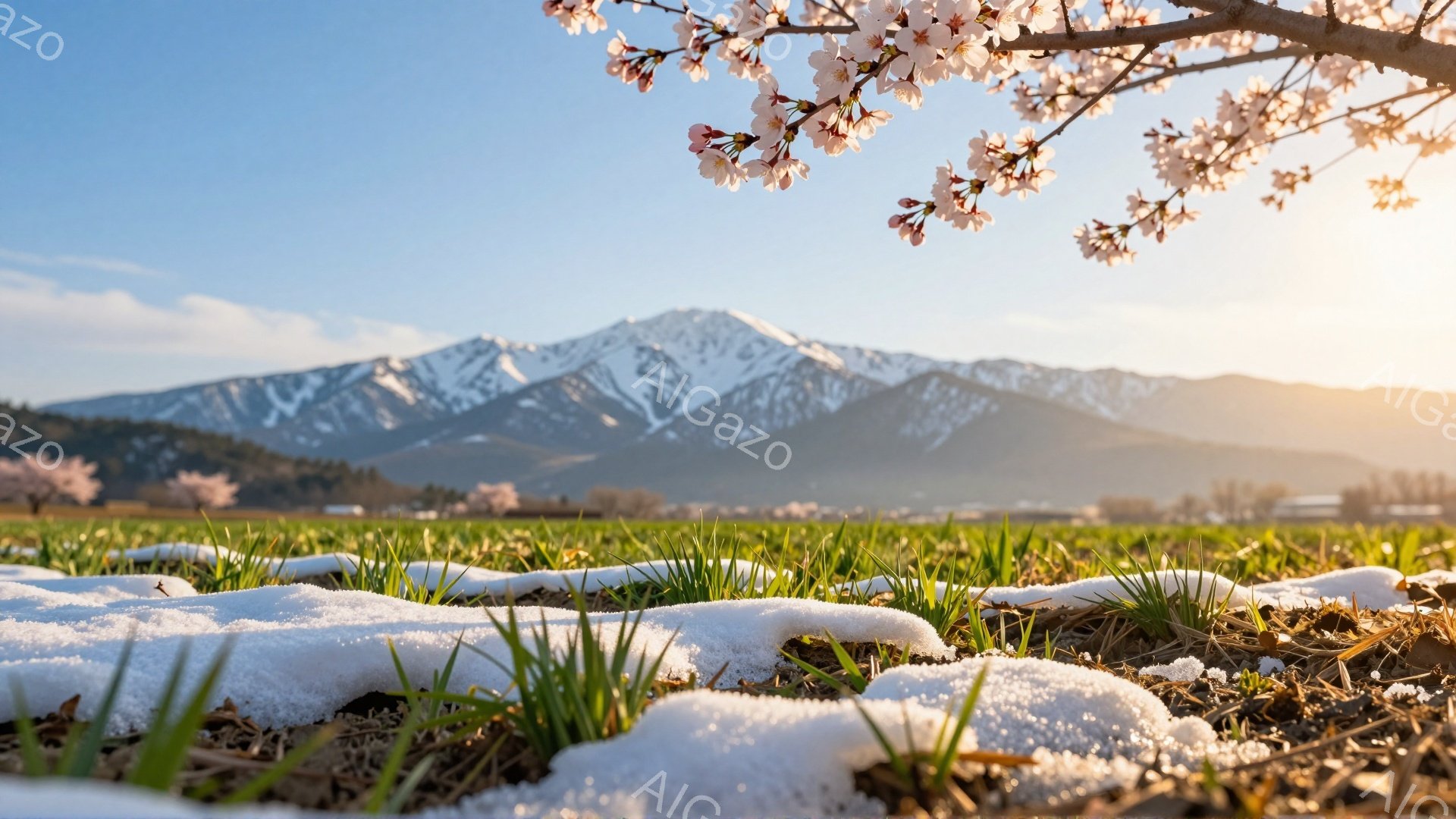 新緑の草原と雪を抱く山々が広がる風景です。手前に咲き誇る桜の花が春の訪れを告げ、雪解け水がわずかに残る草原に生命の息吹を感じさせます。空は晴れ渡り、穏やかな光が全体を包み込み、希望に満ちた温かい雰囲気 - AI生成フリー素材