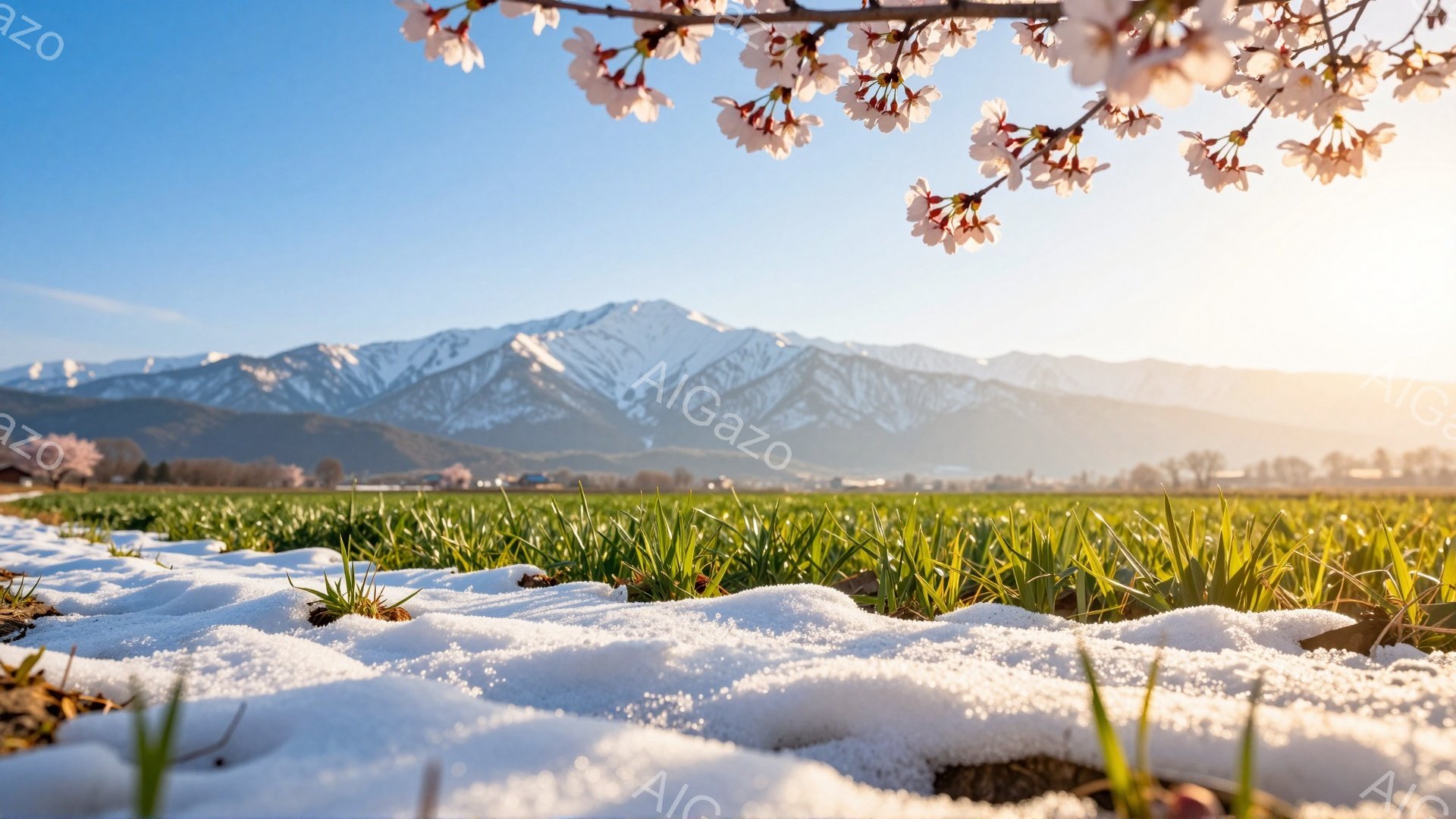 雪解け水が染み込むばかりの緑豊かな田園風景が広がり、遠景には雪を抱いた山々が連なっている。画面手前の枝には、淡いピンク色の桜の花が咲き誇り、春の訪れを告げている。空は晴れ渡り、暖かい日差しが雪景色と春の芽吹きを照らし出す、穏やかで希望に満ちた光景だ。