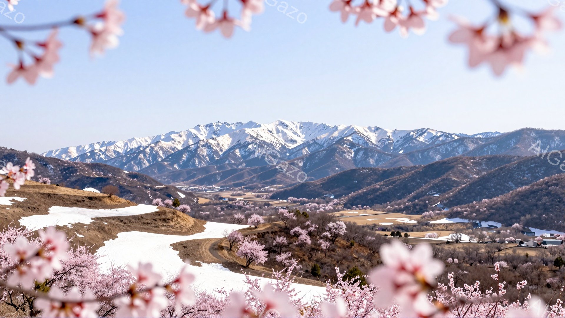 白い雪山が連なり、その麓には緑と茶色のまだら模様の丘陵地が広がっている。手前にピンク色の桜が咲き乱れ、道路を挟んで両側に桜並木が続く様子が春の訪れを感じさせる。晴天の下、穏やかで静寂な雰囲気が漂う、日 - AI生成フリー素材