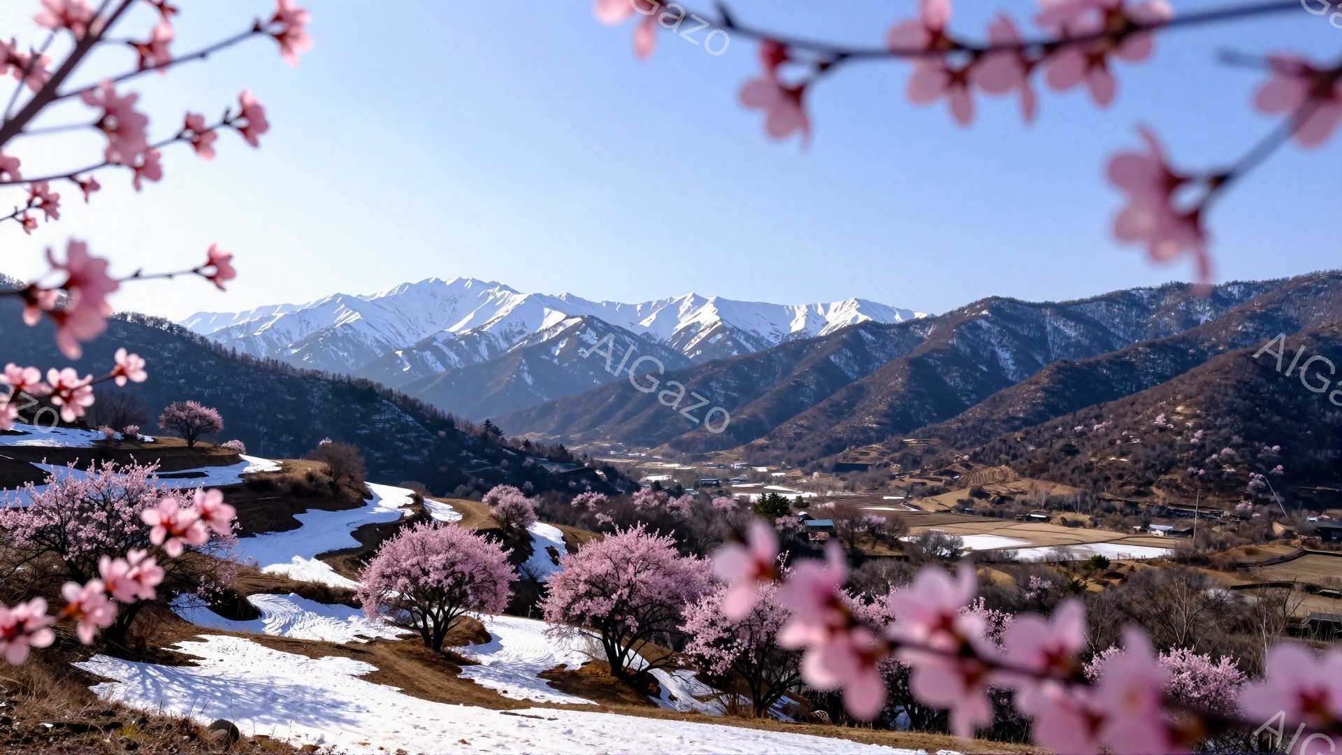 雪に覆われた山々を背景に、薄紅色の桃の花が咲き乱れる風景です。斜面にはまだ雪が残り、桃の花とのコントラストが美しい春の訪れを感じさせます。遠くには農村地帯が広がり、穏やかで平和な雰囲気が漂っています。 - AI生成フリー素材