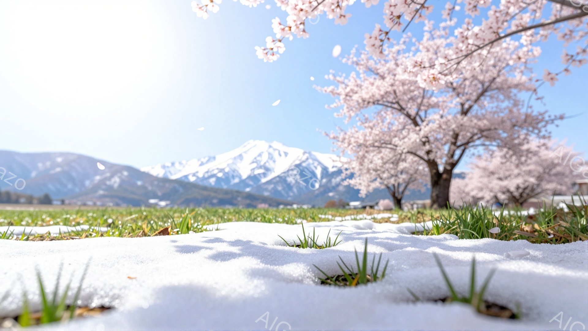 雪が残る草原と、満開の桜並木が印象的な風景です。背景には雪を頂いた山々が広がり、春の訪れを感じさせます。手前に生えた緑の芽が、生命の息吹を添えています。 - AI生成フリー素材