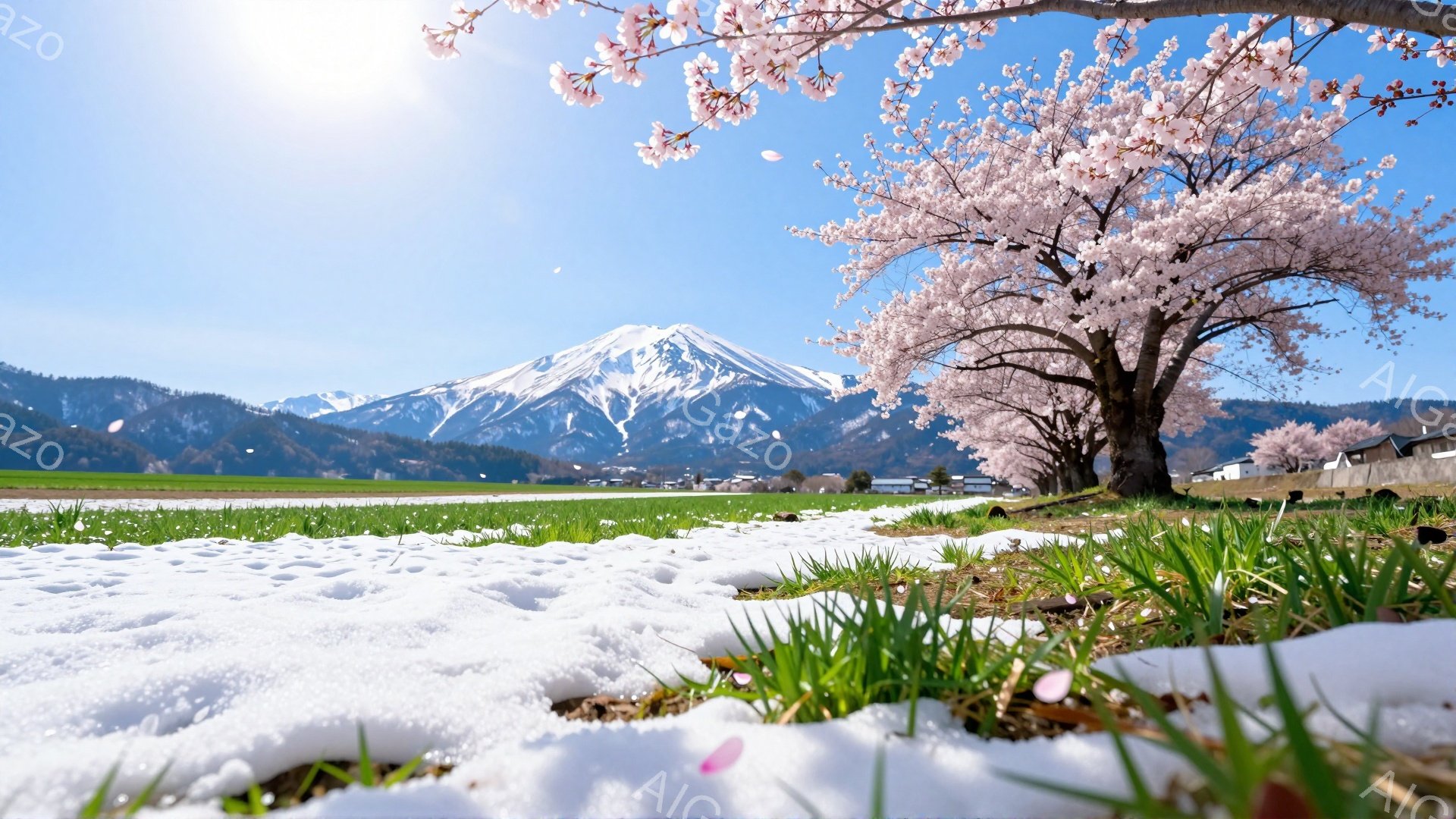 鮮やかな青空の下、富士山を背景に桜並木が咲き誇る春の風景です。手前に広がる雪解け水と新緑の草が春の訪れを告げ、桜の花びらが舞い散る様子は、穏やかで希望に満ちた雰囲気を作り出しています。遠くには農村風景 - AI生成フリー素材