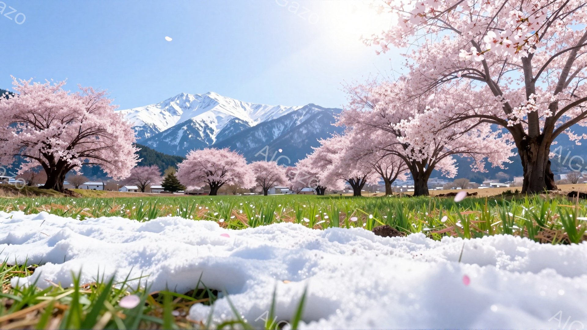 鮮やかな緑の草地とピンク色の桜並木が広がり、背景には雪を抱いた山々が連なる春の風景です。桜の花びらが舞い、地面にはまだ雪が残っており、春と冬が混ざり合った幻想的な雰囲気を醸し出しています。空は晴れ渡り - AI生成フリー素材