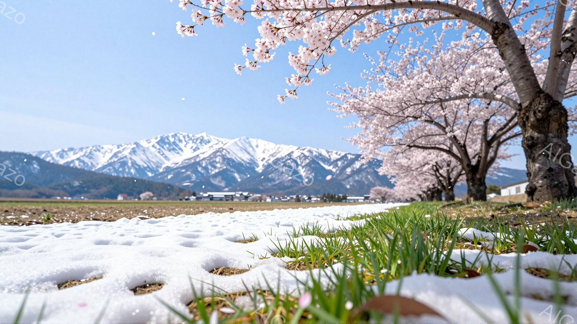鮮やかな緑の若葉と残雪が点在する田園風景が広がり、背景には雪を抱いた山々が連なっている。手前に咲き誇る桜の木の枝が画面を彩り、春の訪れを感じさせる暖かく穏やかな雰囲気を作り出している。空は澄み渡り、新 - AI生成フリー素材