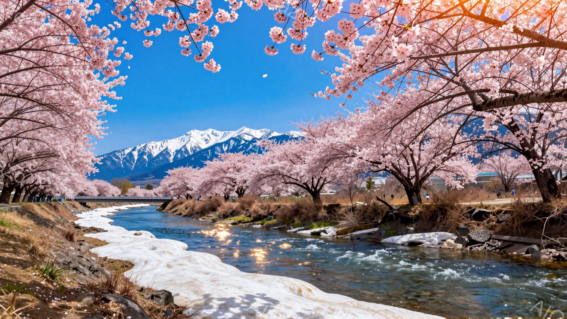 桜並木が続く川沿いの風景で、背景には雪を抱いた山々が広がっています。川は澄んで流れ、河岸にはまだ残る雪と桜の花びらが散らばり、春の訪れを感じさせます。わずかに見える人々は、散歩を楽しんでいるようで、穏 - AI生成フリー素材