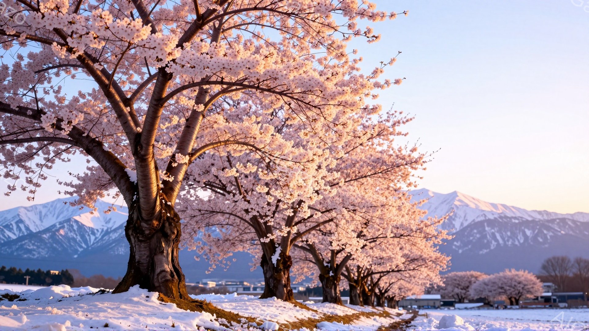 桜並木が雪の上に咲き誇り、背景には白い山々が連なっている美しい風景です。幹は太くねじれており、その上に淡いピンク色の花が密集して咲き乱れ、春の訪れを告げています。穏やかな光が全体を包み込み、静かで幻想的な雰囲気を醸し出しています。