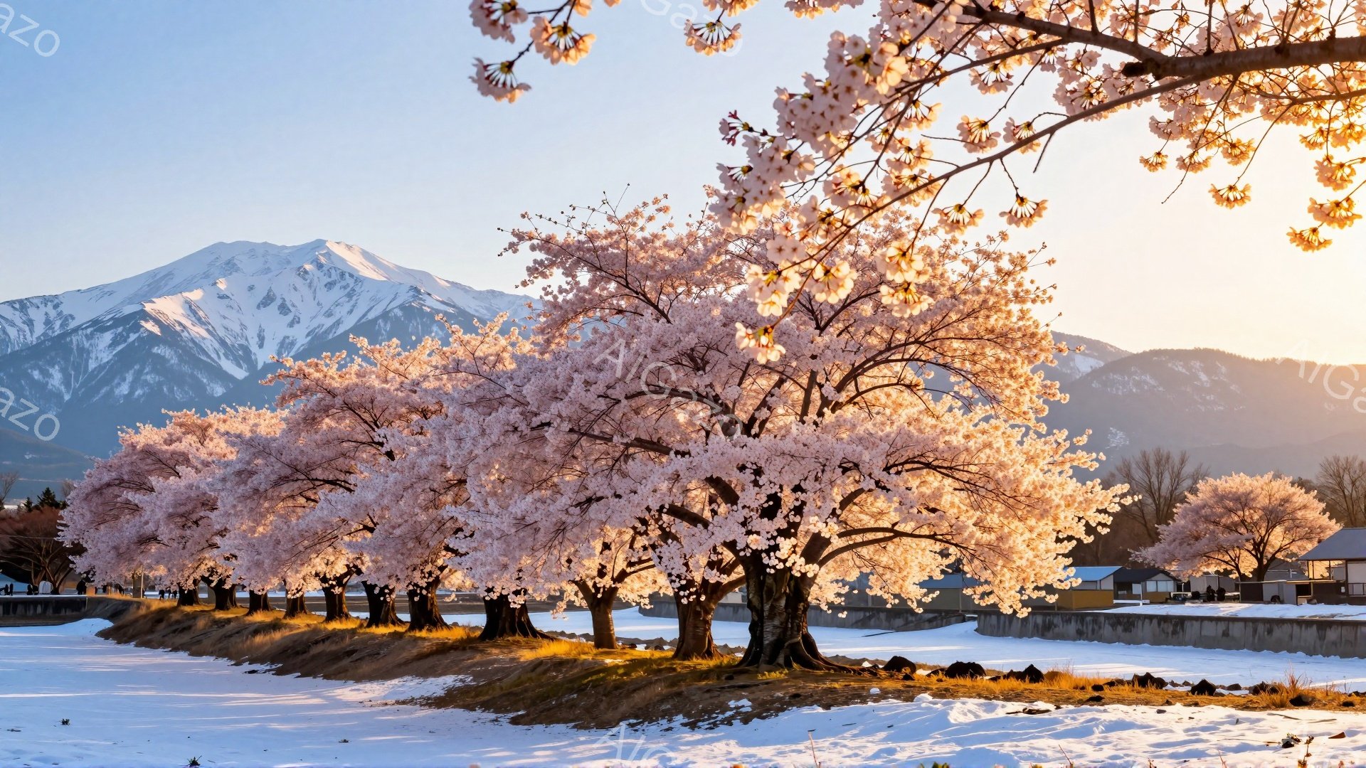 満開の桜並木が続く風景で、手前に雪原が広がり、遠景には雪を抱いた山々がそびえ立っています。朝日の光が桜の花びらにあたり、暖かく柔らかな雰囲気を醸し出しています。静寂の中、春の訪れを感じさせる美しい情景 - AI生成フリー素材