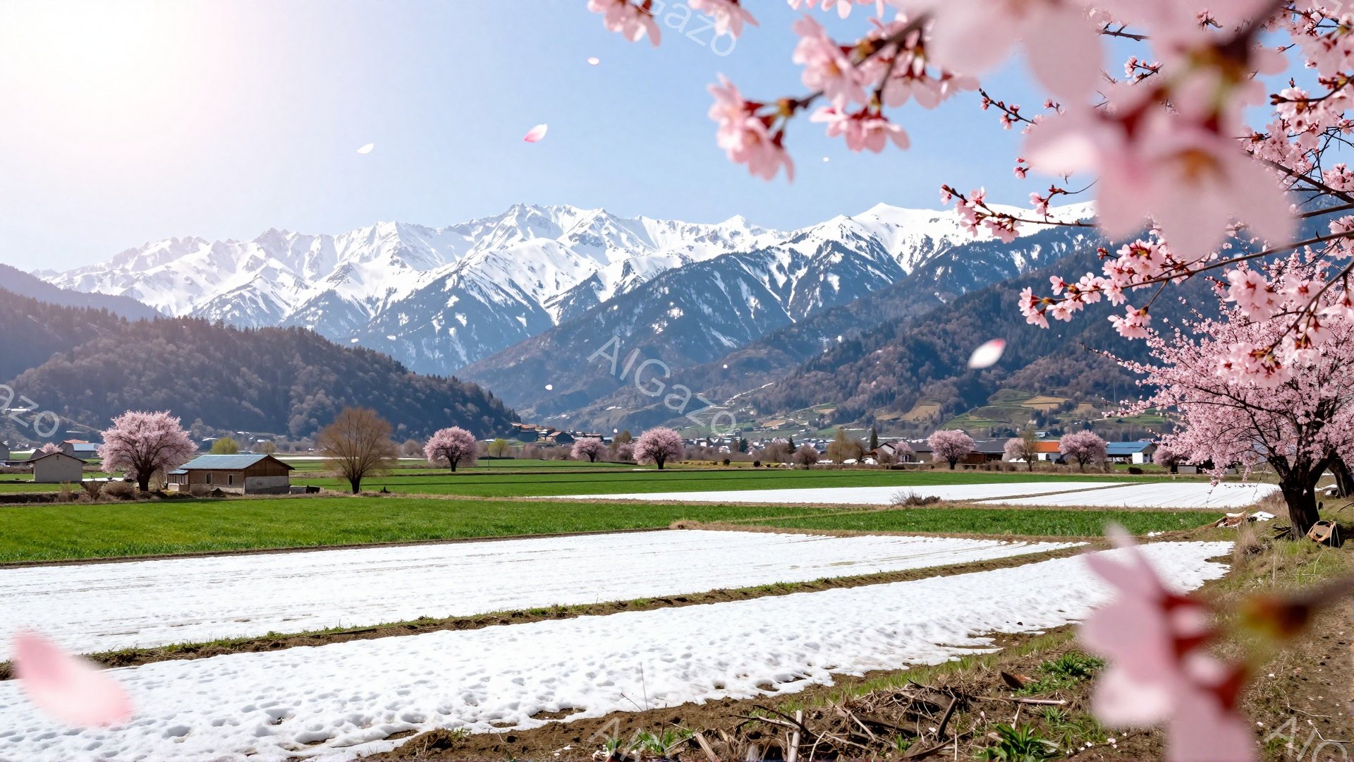 広大な緑の田園風景が広がり、遠景には雪を抱いた山々が連なっている。土手に沿ってピンク色の桜並木が咲き誇り、春の訪れを感じさせる暖かく穏やかな雰囲気である。田んぼはまだ水が張られており、農作業の準備が進んでいる様子が伺える。